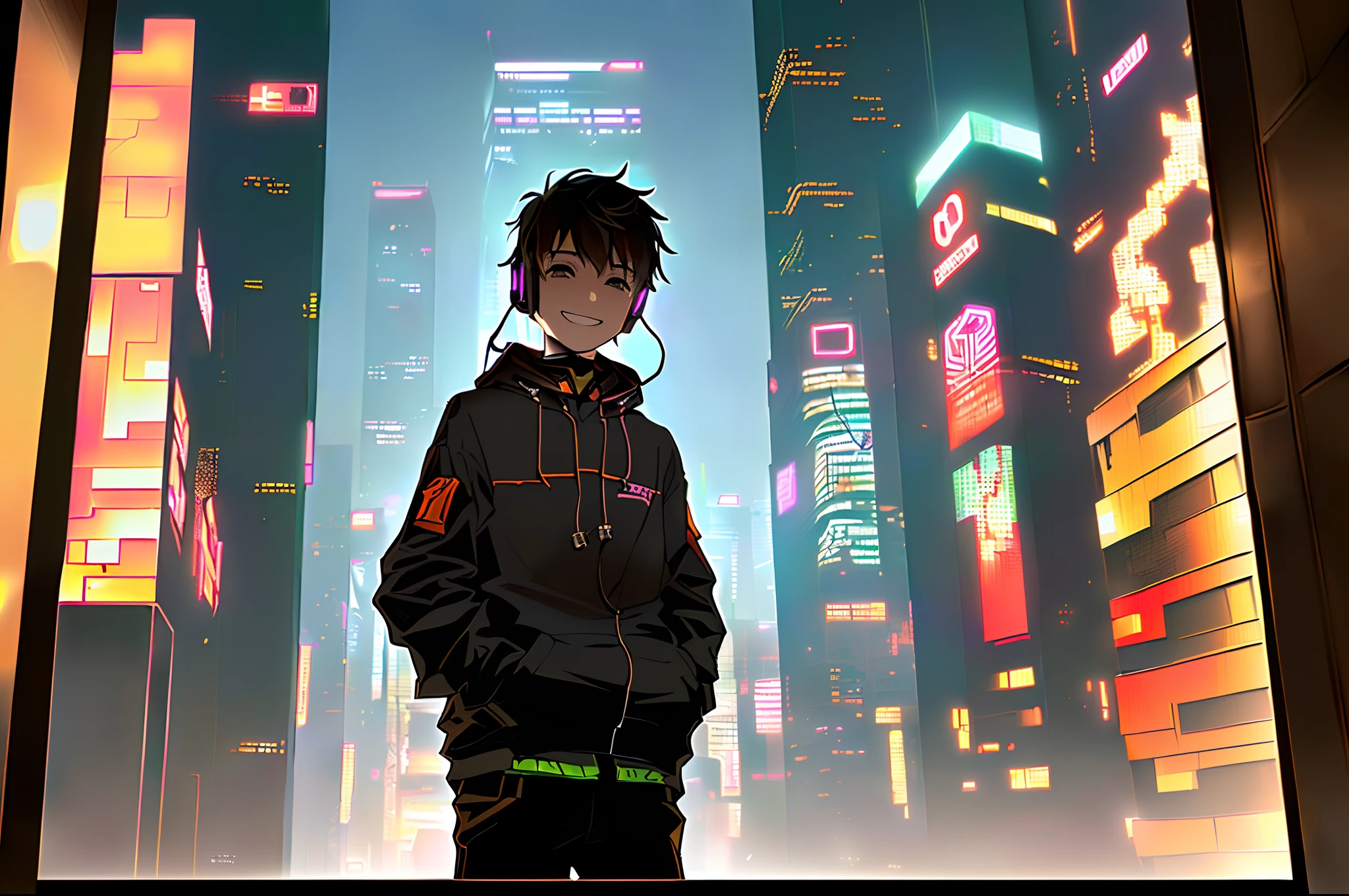 anime boy grinning, staring outside his apartment window, cyberpunk skyscrapers, hands in pocket, wearing headphones