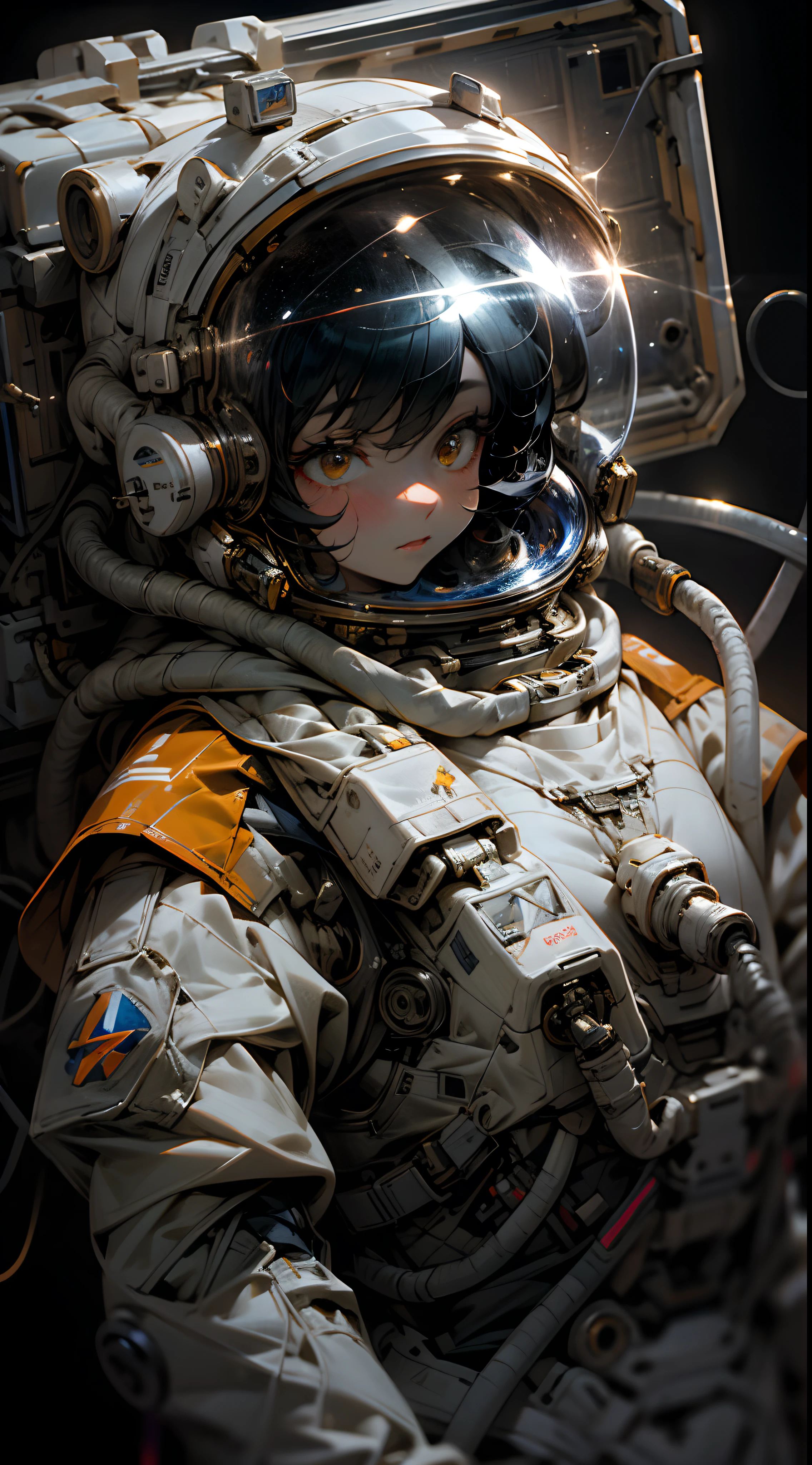 Astronaut girl, Astronaut helmet, In space, planet earth, Mards, stars, Upper body, top to bottom, 1girll, Solo, Floating in space, astronaut suits, Big orange eyes, Black hair, The landscape of the earth, Detailed background, beautiful space, Colorful,