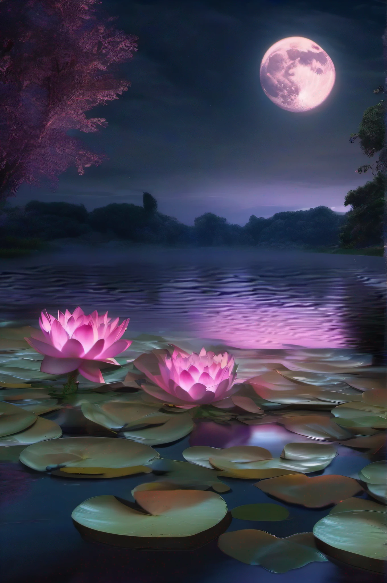 Create a very photorealistic ultra HD 32K image of a moonlit nightscape of a water body glistening in the moon light. The water has several rocks towards the shore, drenched in shallow waves and lot of ethereal looking bluish pink water lilies glowing heavenly and a lot of fireflies flying around. Thick vegetation around, vines with flowers blowing in the breeze on the sides.. The silhoutte of a couple in warm embrace is visible on to one side not very far on the banks of the water body. Clouds glowing in the moon light . Ultra HD, 32k, --AR 16:9, -- chaos 1, --v 5.1, --s1