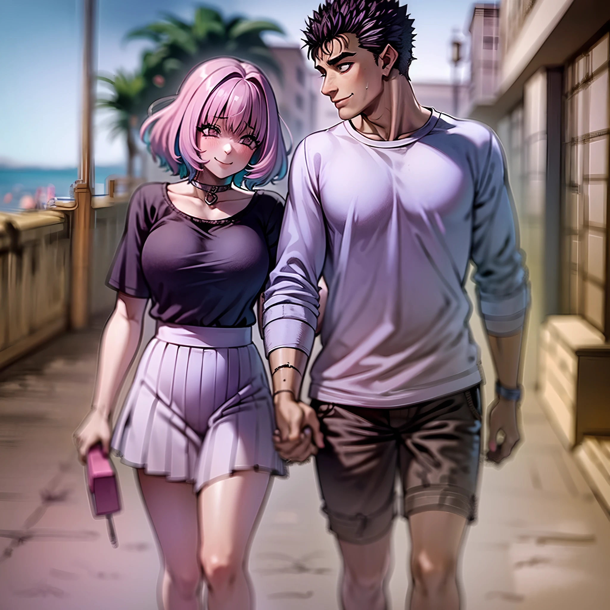 masterpiece, best quality, 1girl, riamu, blue shirt, pleated skirt, solo, simple background, riamu and guts, husband and wife, couple happy in a beach, , purple hair,1boy, in couple, affection, love,relationship, lovey dovey, happy, , smile, walking, in a family mart