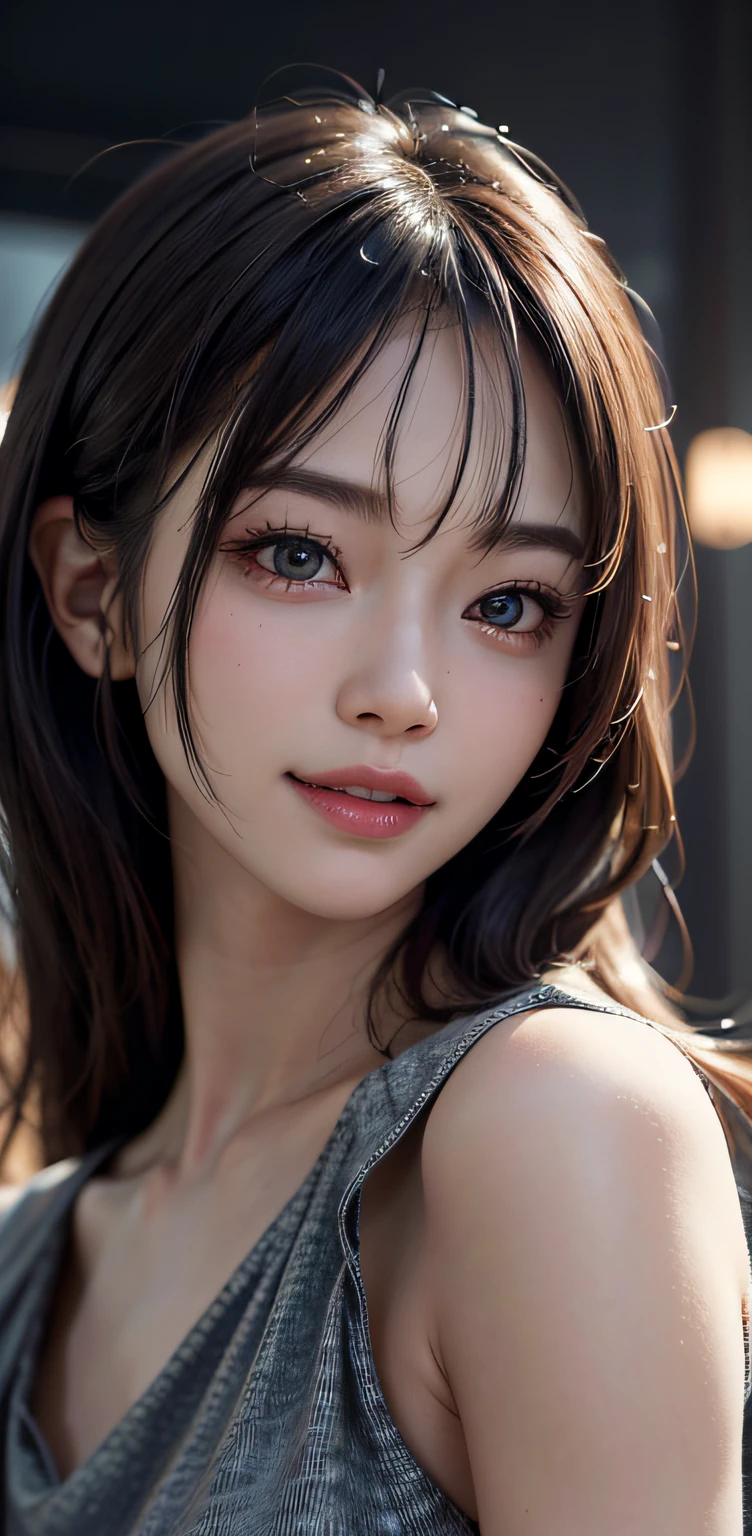 (UHD, retina, masterpiece, accurate, anatomically correct, textured skin, super detail, high details, high quality, best quality, high res, 1080P, HD, 4K, 8k, 16k), (beautiful detailed eyes, beautiful detailed lips, extremely detailed eyes and face), soft lighting, physically-based rendering, vivid colors, (large breasts:1.5), (portrait, shiny hair, shiny skin), eye reflection, (bokeh, moonlight:1.5), (smile and laugh, bangs:1.5), semi-profile view, (from below:1.5),