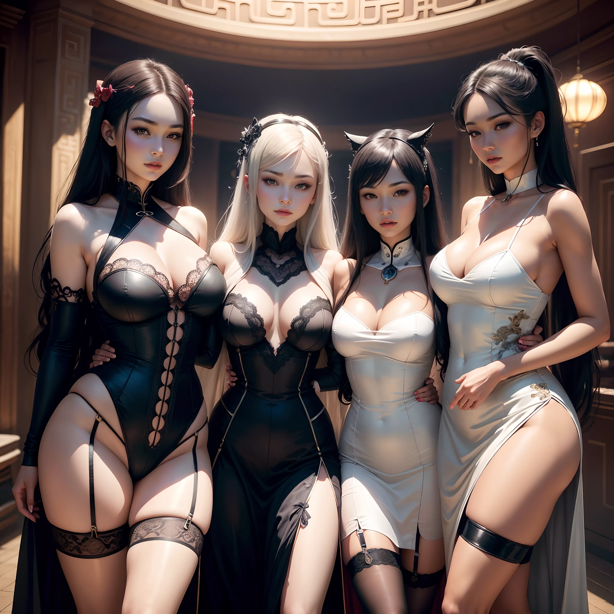 Best Quality, Masterpiece, hight resolution, 4 Noble Girls, lesbians, touching each other, seducing, snapping, eighteen forbidden, Asian style, Hanfu, white and even teeth, Irises, Shot Full Body, backside shot, chinese women's clothes, Chinese traditional dress, Long Dress, The nightgown has a thin lace with a deep slit on the chest, chinese underwear, Stockings, Wearing Stockings, lace stockings, mesh stockings with hooks on underwear, garter belt, lace legwear, Worn at the waist, highheels, high boots, high leather boots, corset, turtleneck polo lace top, Choker, leash, BDSM, fetters, Chained, Long gloves, makeup, eyes with very clear and detailed makeup, lipstick, extra very long hair, pony tail, hair ornaments, necklace, Jewelry, crown jewelry, pretty face, magic import style, Tyndall effect, photorealestic, dark studio, border light, two tone light, (high-detailed skin: 1.2), 8K UHD, dslr , soft light, hiquality, surround light, candid, photo , High Resolution, 4k, 8K, bokeh, around dark: 1.6), the surreal full female body of David Hockney and Alphonse Mucha, Fantasy art, photo realism, dinamic lighting, station art, posters, voluminous lighting, highly detailed faces , super 8k, Awarded, around dark, deep shadow, low lighting, bust, Фон спальни Luxury Chambers, Royal style family, best face, Very round and tight breasts, surreal, guweiz, (full - body), (Background detail 1.8), moderately large,