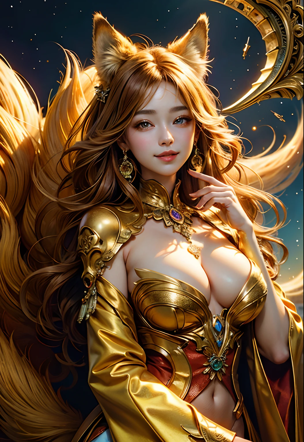 (masterpiece、top-quality、top-quality、Official art、Beautifully Aesthetic:1.2)、(1girl in)、ighly detailed、(Fractal Art:1.3)、colourfull、highestdetailed Golden Nine Tail Fox Golden background Soft smile breasts are large Soft expression A smile