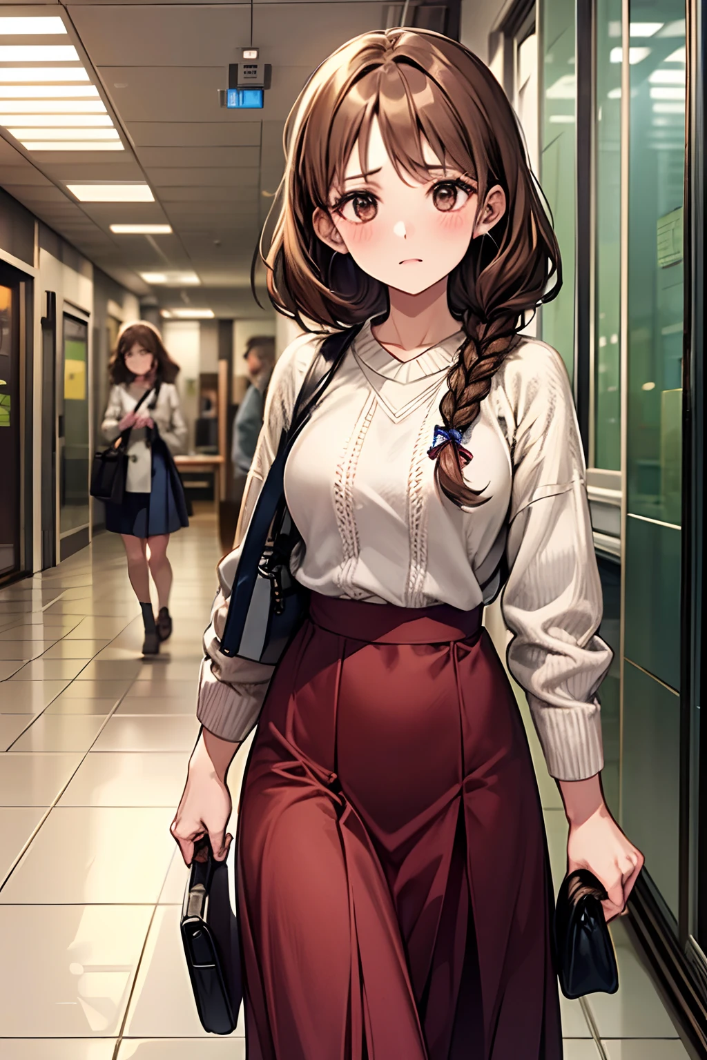 ((1girl in)), Curate, Anatomically correct, Super Detail, top-quality, Very delicate, The upper part of the body, Petite adult woman, 45 years old, (Middle Age), 152 cm, Perfect Anatomy, brown-haired, Large single braid, White knitwear, long skirt, (Flustered expression), Have a handbag, Coming running up to you, Hospital corridor