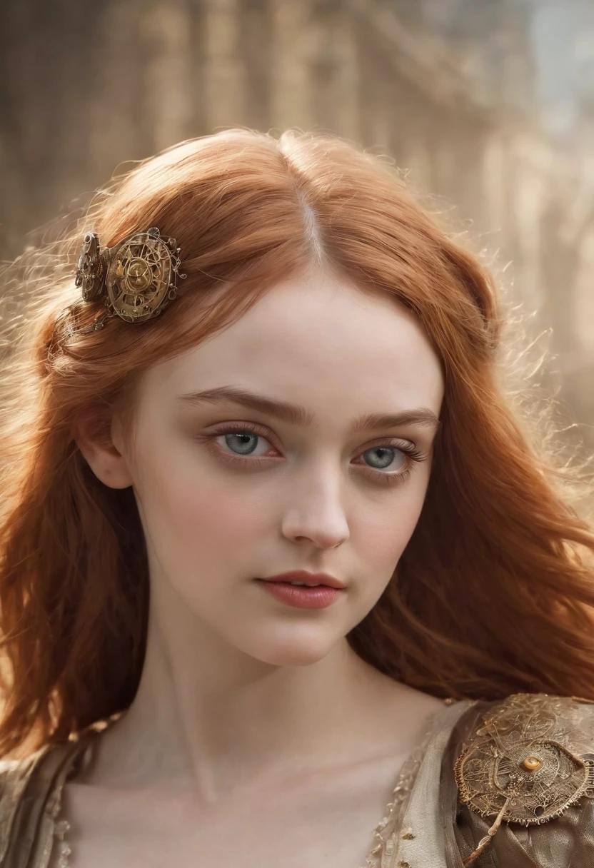 Dakota Fanning como bela mulher steampunk deslumbrante, (corpo inteiro), olhos ultra-detalhados, corpo ultra-detalhado, nice perfect guy with soft skinice, corpo feminino deslumbrante, ((ultra-detailed hands)), obra-prima conceito fantasia arte, trending on ArtStation, hiper-detalhado, Arte Digital, Motor irreal, 32k, Ultra HD | | |, imagem centrada, arte de Luis Royo e artgerm e greg rutkowski e Alphonse Much