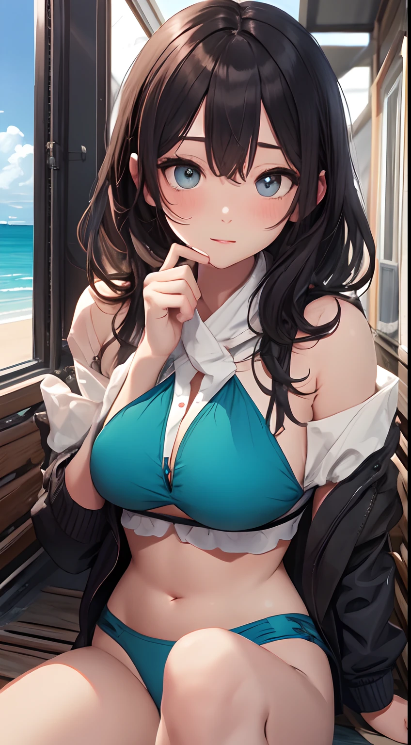 Erotic manga、highest quality、Cool feeling、Busty high school girl walking naked on the beach、Girls und Panzer、Nishizumi Maho、smile、Perfect balance、Fatty legs、Clear eyes、Cowboy Shot、Sweaty