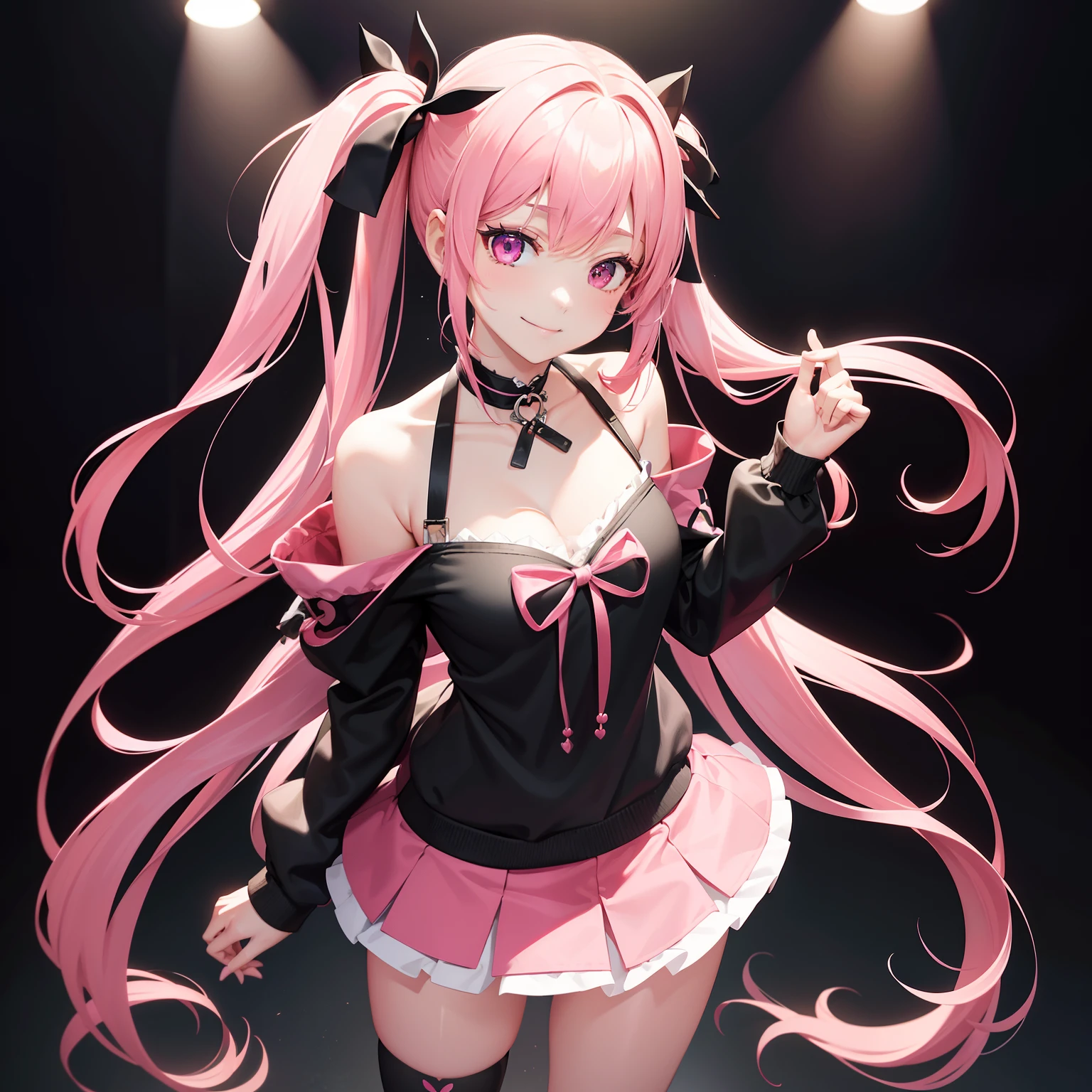 full body Esbian, masutepiece: 1.2, Highest Quality), (Live-action, elaborate details), (1 Lady, Solo, Upper body,) Clothing: Edgy, Black long jumper, pink miniskirt, long hair with pink twin tails,,、Avant-garde, Experimental appearance: Long pink twin tail hair 、Heart-shaped choker、The location: karaoke、Solo, Nice smile、Value Creation in Mixed Media Art: individuality, authenticity, Creative expression