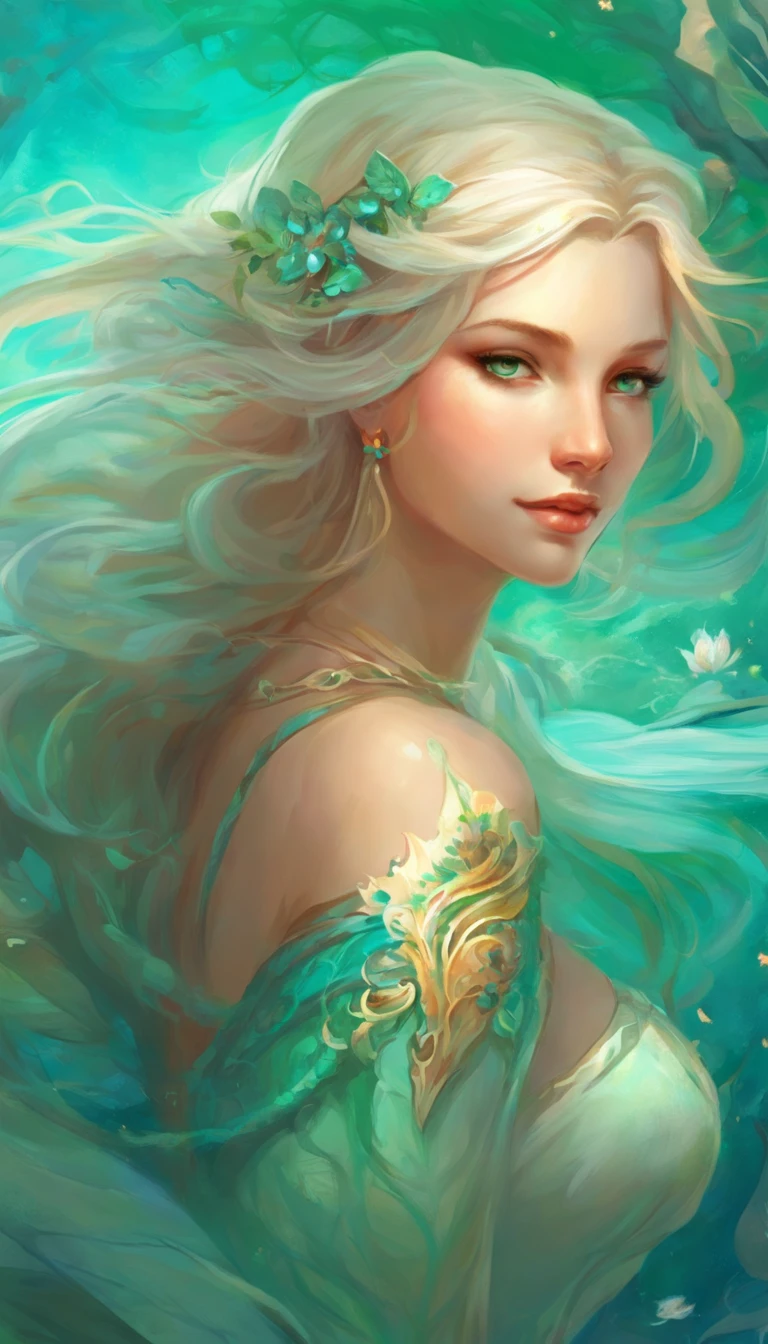 In an afternoon,A teenage girl in a green bikini swimsuit lies on a milky white shoal,She has long pale blonde hair,A pair of turquoise eyes,is very beautiful。Her skin was as white as snow,It appears translucent red in the afternoon sun。