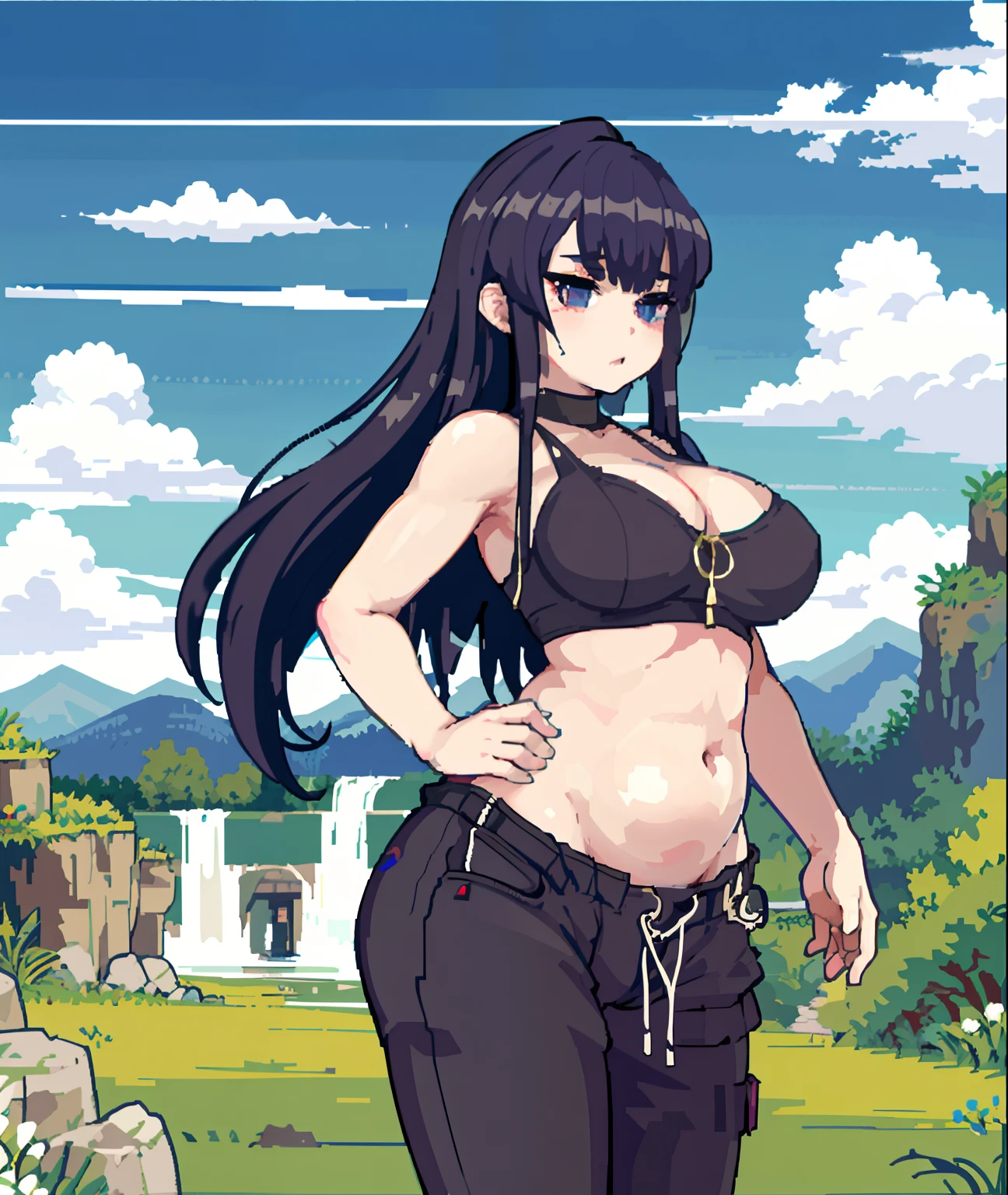 (masterpiece, top quality, best quality), pixel,pixel art, (((large image))), (((full body in frame))), (Detailed eyes and skin), ultra high res, adsurdres, (((vibrant colours))), bright colours, 1girl, solo, heart-shaped pupils, (Heart-shaped pupils:0.9), fingernails, (blush:1.1)(speed lines:1.1)((heavy breathing:1.3)) purple long hair, purple eyes, smug face, choker, cute top, revealing, shoulder cut dress, shoulders visible, cleavage visible, (underboobs visible), cleavage cutout, underboobs, midriff, abs, slight muscles, light muscular, Showing the belly, light muscles, (((bloated abs))), bulging abs, bloated belly, (((bulging belly))), bloated belly with a silhouette of visible abs, round belly, slim waist, thin back, accurate lower belly, (((slight muscular abs))), slight chubby belly, hyper pregnant, (((accurate belly button))), huge round belly, ballooned belly, panty strings, shorts, thighs, clean body, sexy pose, aroused, arousing, background is an alley in a garden, detailed sunlight, sitting, dappled sunlight, day, depth of field, plants, summer, (dutch angle), kipteitei, Background Chinese Antiquity、thatched hut、springtime、jungles、lakes、hole in the mountains、waterfallr,The tree、grassy fields、Rochas、hot onsen、hydrosphere、(illustratio:1.0)、Epic composition、Realistic lighting、high definition detail、tmasterpiece、Best quality,(非常详细的 CG 统一 8k 壁纸) Inspirations: punk rock music, counterculture icons, avant-garde art movements Personality traits: bold, daring, unconventional.