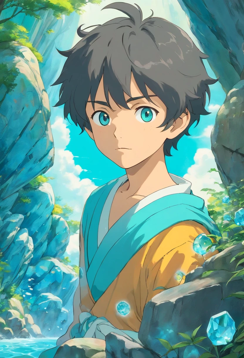 Stone Boy, colorful animation stills, Masami Teraoka, aquamarine, Paul Gauguin, Amber style, Honest portrayal