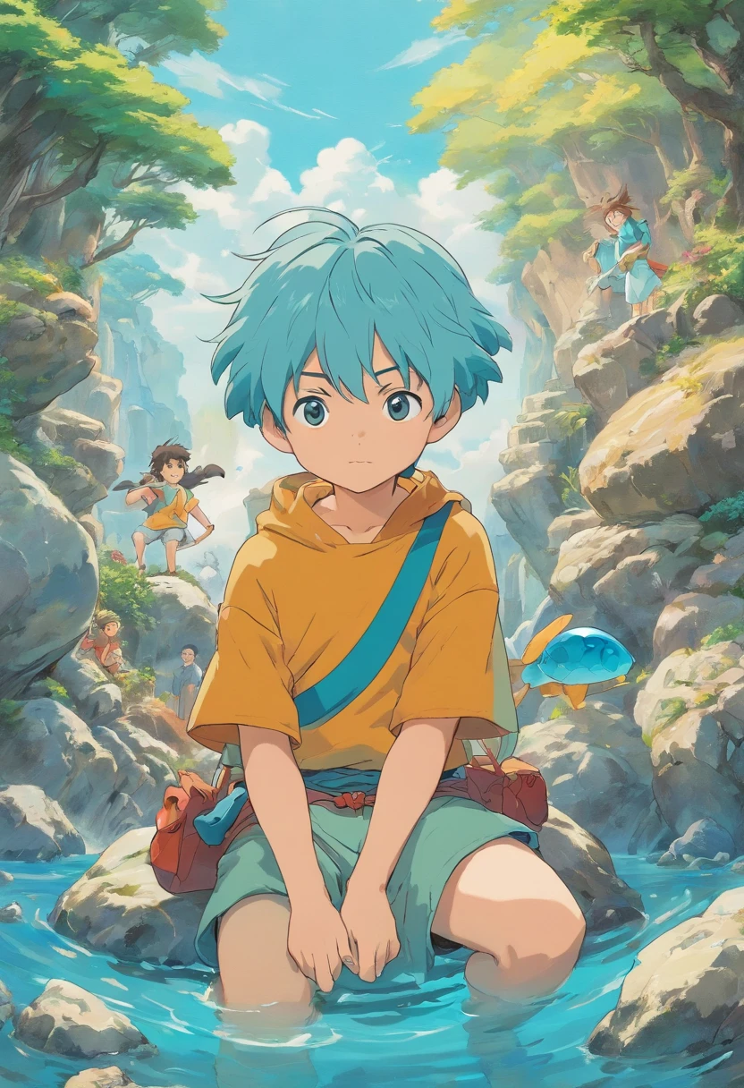 Stone Boy, colorful animation stills, Masami Teraoka, aquamarine, Paul Gauguin, Amber style, Honest portrayal