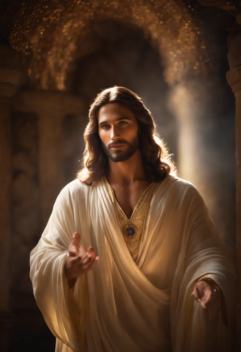 Descreva uma imagem de Jesus Cristo, emanating a divine aura and looking directly into the camera with a penetrating and compassionate gaze. The scene around him radiates a sense of serenity and transcendence, com cores suaves e uma atmosfera celestial. Highlight the details of the expression on your face, the sparkle in your eyes and the sense of peace and grace that your presence radiates in this sacred moment