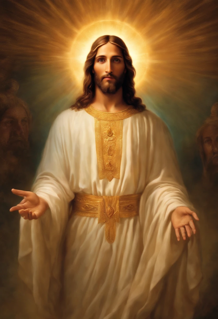 Descreva uma imagem de Jesus Cristo, emanating a divine aura and looking directly into the camera with a penetrating and compassionate gaze. The scene around him radiates a sense of serenity and transcendence, com cores suaves e uma atmosfera celestial. Highlight the details of the expression on your face, the sparkle in your eyes and the sense of peace and grace that your presence radiates in this sacred moment