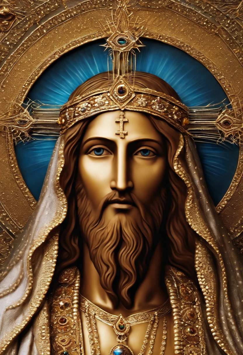 Descreva uma imagem de Jesus Cristo, emanating a divine aura and looking directly into the camera with a penetrating and compassionate gaze. The scene around him radiates a sense of serenity and transcendence, com cores suaves e uma atmosfera celestial. Highlight the details of the expression on your face, the sparkle in your eyes and the sense of peace and grace that your presence radiates in this sacred moment