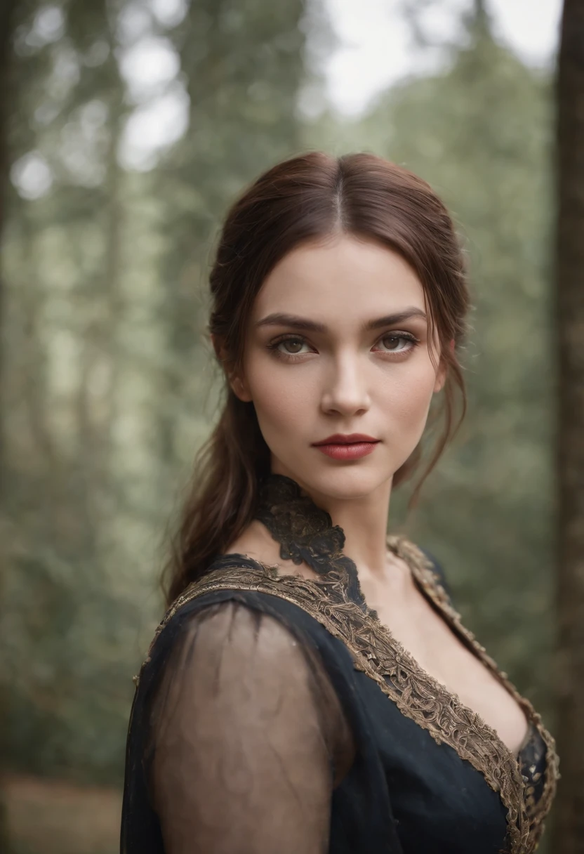 Cinematic portrait, ((upper body)), facing the audience, (Reality :1.3), the world's most beautiful artwork photo, a woman looking into the camera, Gothic costume, detailed beautiful face, action shot, (Intricate :1.4), simple background, global lighting, photorealistic, CG, Art Station