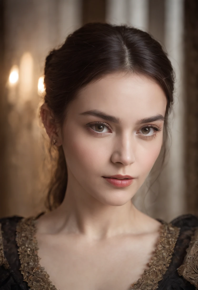 Cinematic portrait, ((upper body)), facing the audience, (Reality :1.3), the world's most beautiful artwork photo, a woman looking into the camera, Gothic costume, detailed beautiful face, action shot, (Intricate :1.4), simple background, global lighting, photorealistic, CG, Art Station