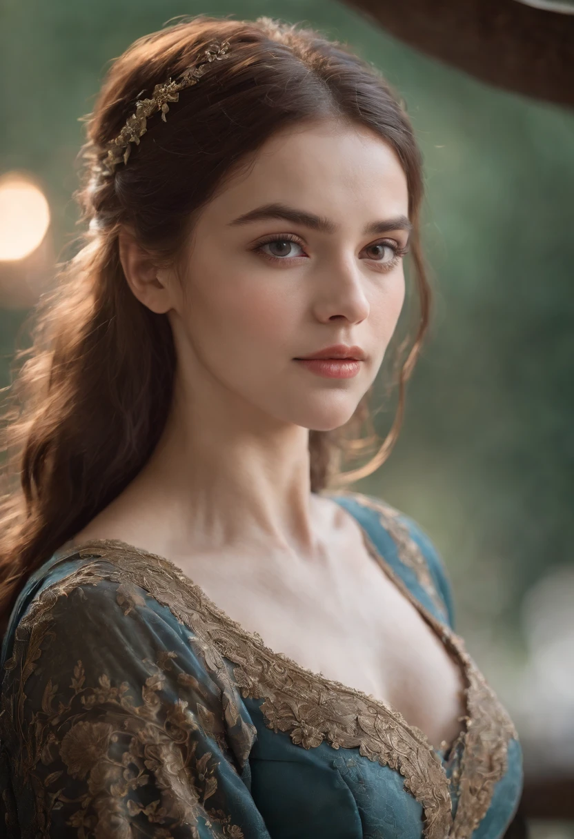 Cinematic portrait, ((upper body)), facing the audience, (Reality :1.3), the world's most beautiful artwork photo, a woman looking into the camera, Gothic costume, detailed beautiful face, action shot, (Intricate :1.4), simple background, global lighting, photorealistic, CG, Art Station