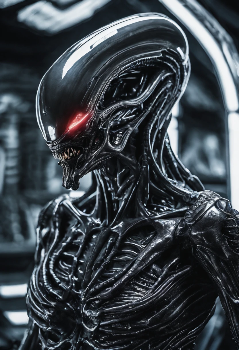 Xenomorph，Full-body photos，silver armor，high - tech，Laser laser，Delicate picture