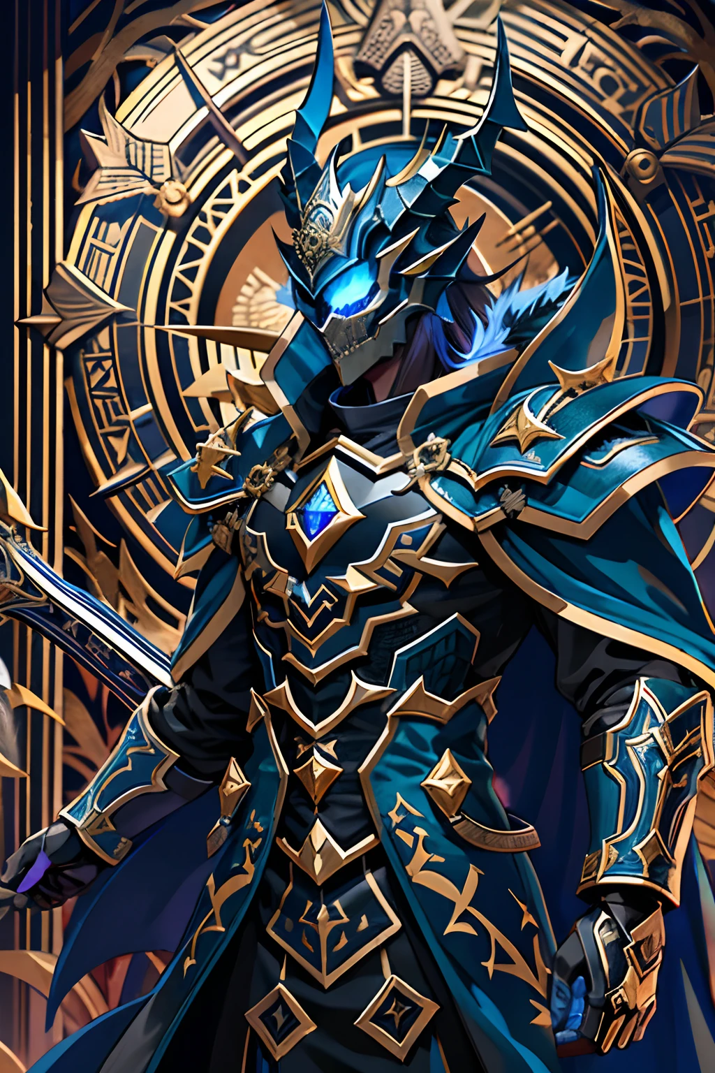 Dark series,Epic game illustrations,The strongest king who rules the Grim Reaper,Noble Frost Dragon Kamen Rider(Hyper-detailing),Pinnacle martial arts master,blue color eyes,(Leathercoat),Pubic hair shows through(Mechanical skeleton),(the detail:1.2),Mechanical details:1.2,Majesty,Domineering,Faraway view,With dynamic and magical backgrounds,Features prominent and well-designed typographic elements,Epic title,Glowing runes,Highest quality