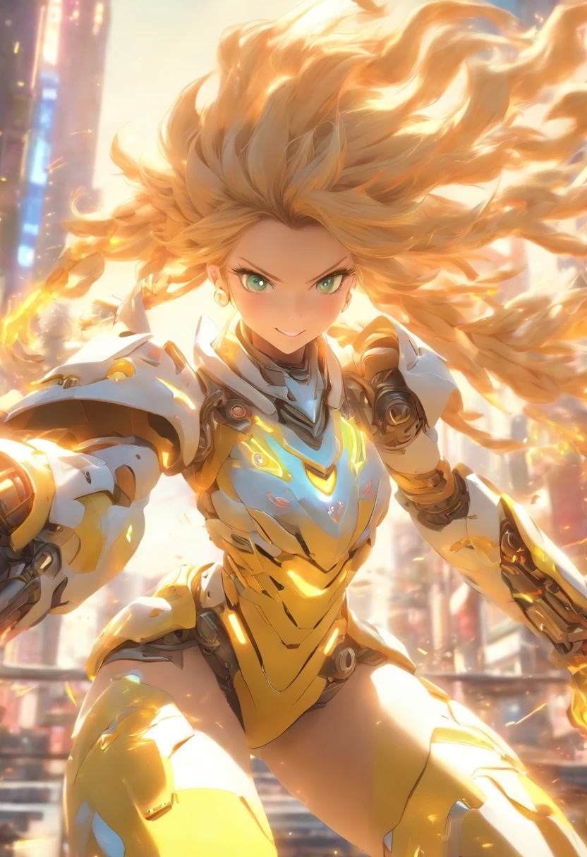 snfw,,nipple,spread ,on the bed,best quality, ultra detailed 8k cg render, masterpiece, high resolution, extremely detailed,
1 girl, solo, , blond hair, wavy long hair, blue eyes, full body, fighting pose, flying, (small breasts:1.2), big smile,
bare shoulder, glow white, mecha musume, mechanical leg, headgear, yellow armor, in SFcity