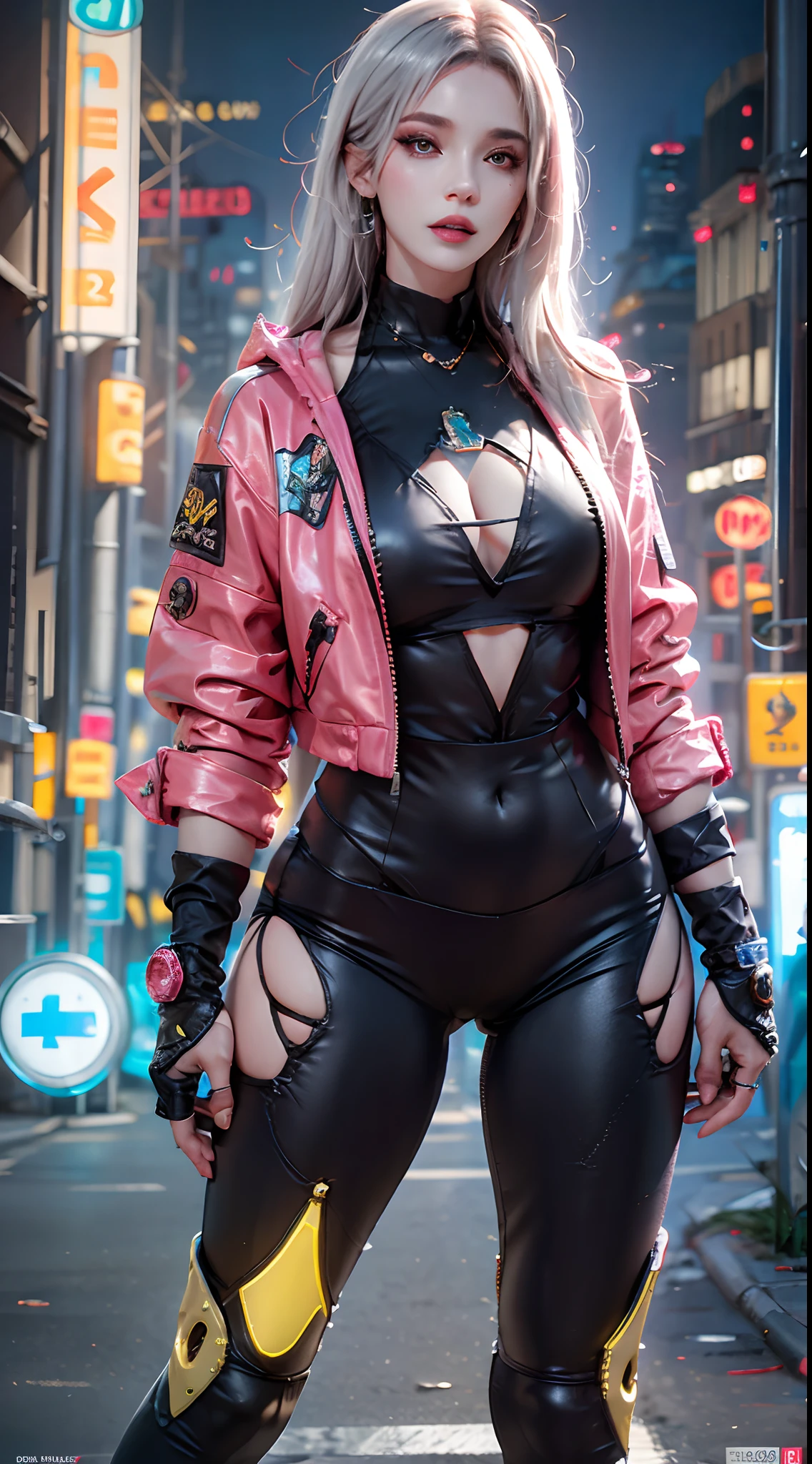 photorealistic, high resolution, 1women, mature female, solo, hips up, jewelry, tattoo, white hair, long hair, make up, pink lips, cyber wear, High waisted jacket, yellow jacket, bodysuit, leggings, cyberpunk 2077 style, cyborg, mechanical body parts, night city, neon lights