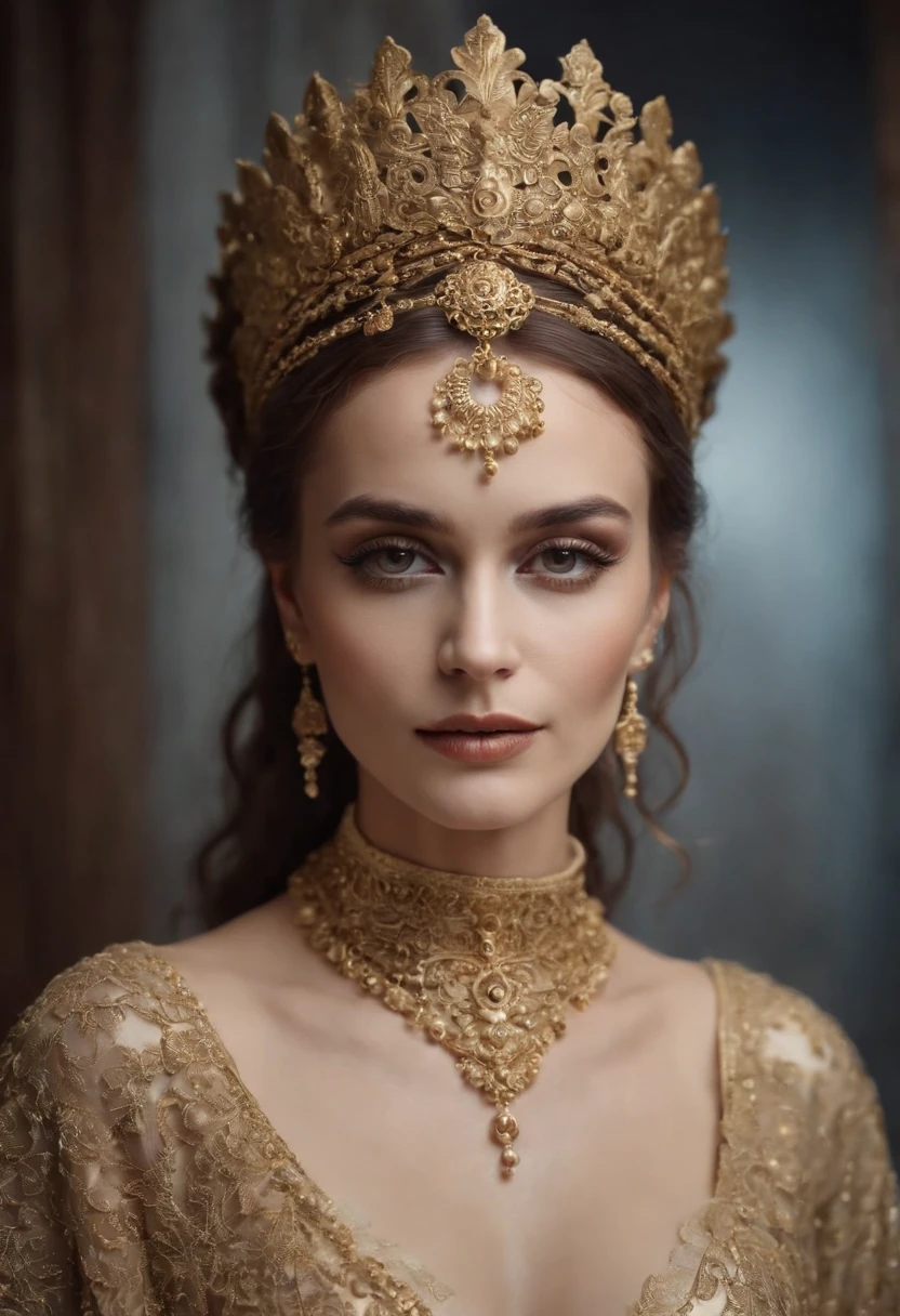 woman dressed golden and gold makeup,in the style of skull motifs,covered in luxurious jewelry, jewelry, luxury, dark white and dark bronze, jewelry by painters and sculptors,high details,realistic,ultra intricate detailing, 8k, Cinematic Lighting, cinematic