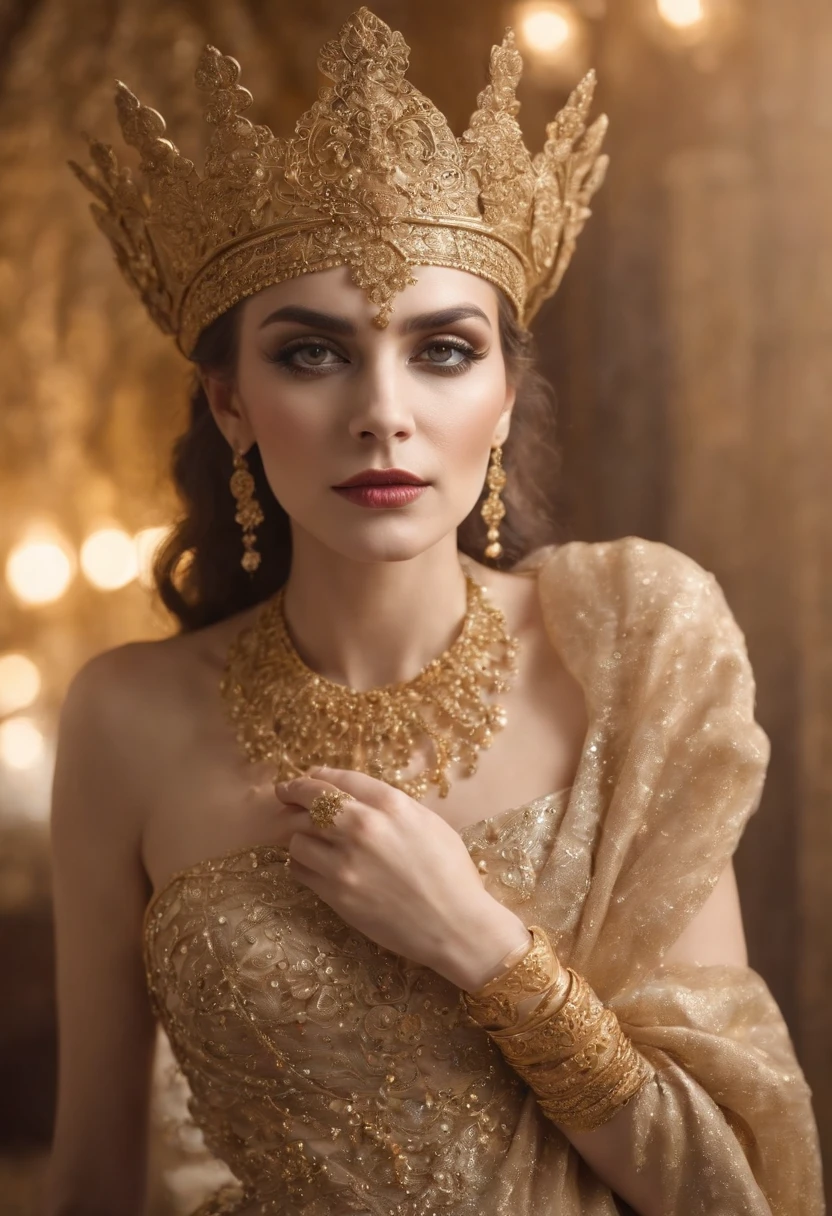 woman dressed golden and gold makeup,in the style of skull motifs,covered in luxurious jewelry, jewelry, luxury, dark white and dark bronze, jewelry by painters and sculptors,high details,realistic,ultra intricate detailing, 8k, Cinematic Lighting, cinematic