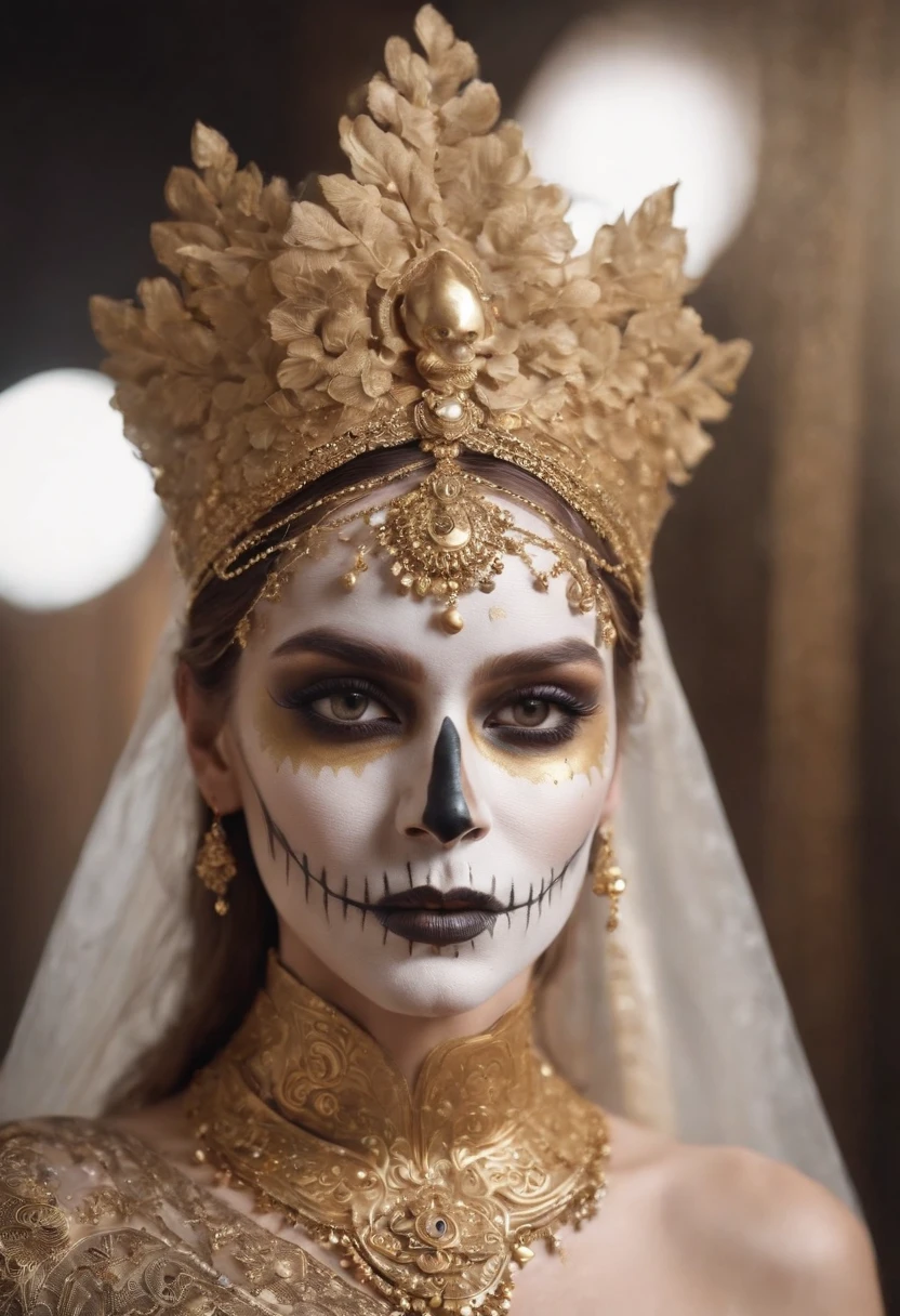 woman dressed golden and gold makeup,in the style of skull motifs,covered in luxurious jewelry, jewelry, luxury, dark white and dark bronze, jewelry by painters and sculptors,high details,realistic,ultra intricate detailing, 8k, Cinematic Lighting, cinematic