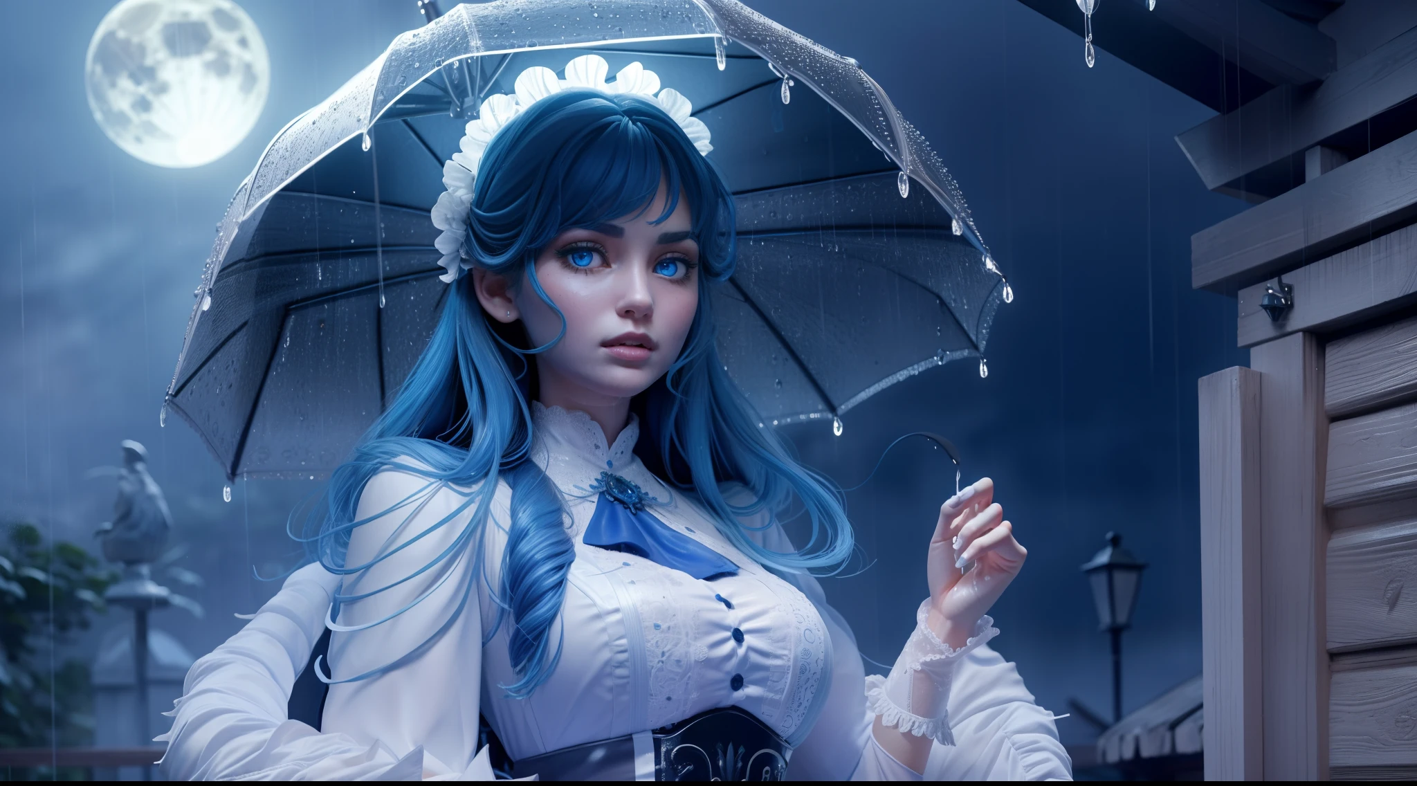 In the midst of a torrential downpour, under the luminous glow of the full moon, a mesmerizingly beautiful maid stands with grace. Her intense bright blue eyes reflect the ethereal light, while each raindrop meticulously captures the exquisite details of her intricately crafted uniform. This hauntingly realistic portrayal evokes a sense of timeless beauty, transporting viewers to a yearning and captivating fantasy era.