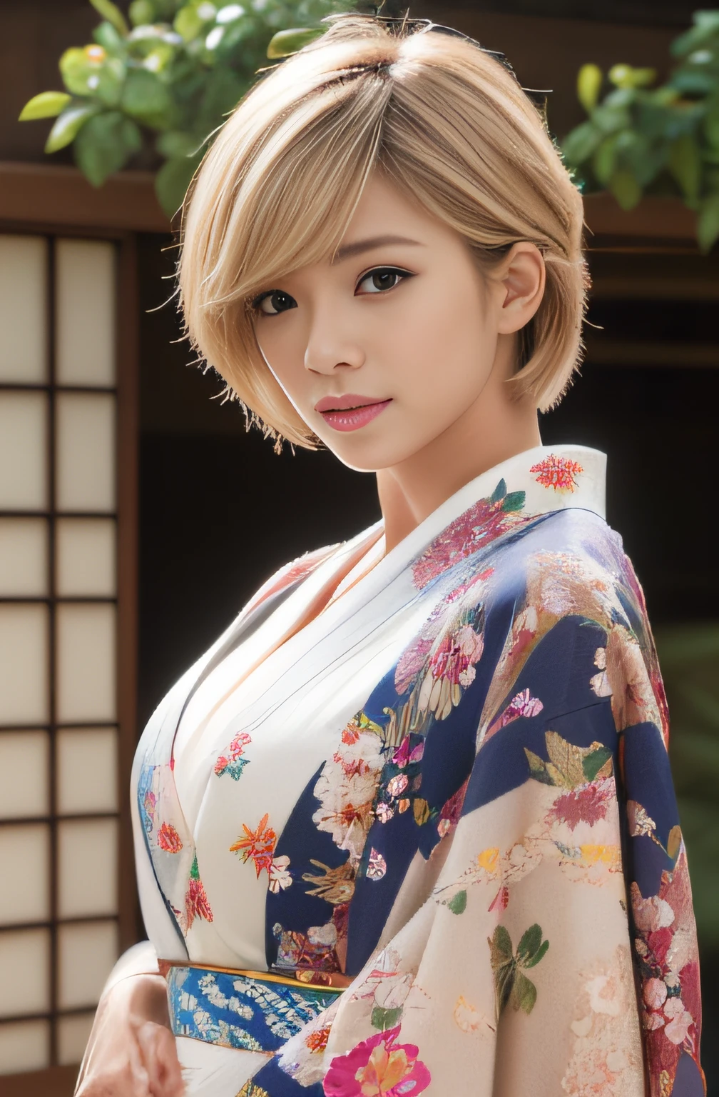 ((((masterpiece, highest quality, High resolution)))), Extremely detailed 8K, スリムな体を持つsexyな美しい日本の十代の女の子, (Ultra HD, Super detailed, Very detailed, Very realistic, Ultra-realistic, Photo Real), (One girl:1.5), Blonde Hair, Like a short bob cut, (Dynamic pose), To the camera, A light smile, (Huge breasts: 1.2), (Beautifully detailed face, Beautiful fine details), Anatomically correct hand structure, Anatomically correct finger structure,(長くてsexyな光沢のあるシルクのシースルーの日本の巫女の衣装,Golden dragon embroidery:1.5), (The front buttons of the Japanese shrine maiden's outfit are not fastened.、The chest area is wide open:1.5), shine, Sweat, (Light of the sun, sunlight),(topless), sexyな長い脚, naked,Exposed breasts,sexy, Blushing,Looking up at the sky, (Wide々The royal gardens:1.2), Ultra-realisticなWide大な風景, photogenic scenery, spotlight on face、Camel Toe、Giant tit、Nipple Puffs、Cleavage、Plump、Super big breasts、Super big butt、Bubble butt