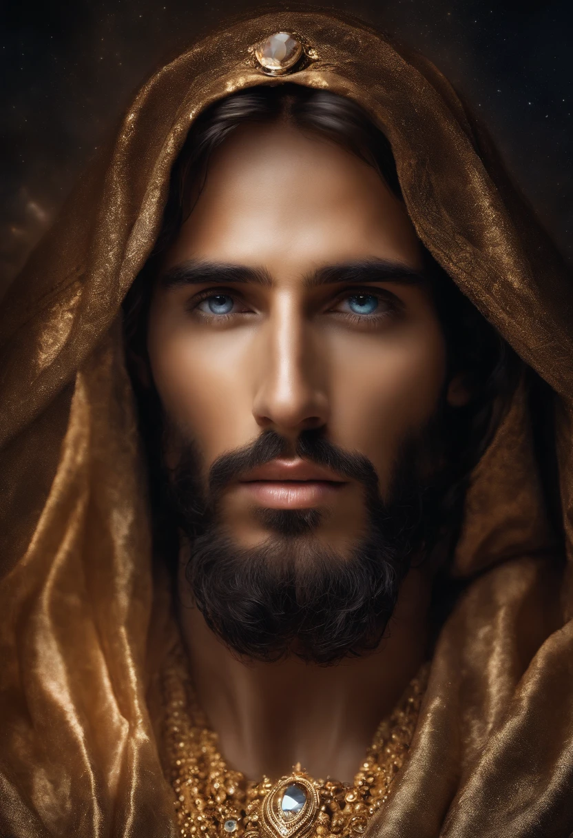 Descreva uma imagem de Jesus Cristo, emanating a divine aura and looking directly into the camera with a penetrating and compassionate gaze. The scene around him radiates a sense of serenity and transcendence, com cores suaves e uma atmosfera celestial. Highlight the details of the expression on your face, the sparkle in your eyes and the sense of peace and grace that your presence radiates in this sacred moment