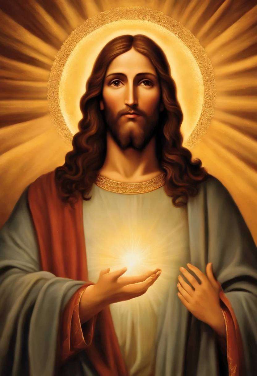 Descreva uma imagem de Jesus Cristo, emanating a divine aura and looking directly into the camera with a penetrating and compassionate gaze. The scene around him radiates a sense of serenity and transcendence, com cores suaves e uma atmosfera celestial. Highlight the details of the expression on your face, the sparkle in your eyes and the sense of peace and grace that your presence radiates in this sacred moment