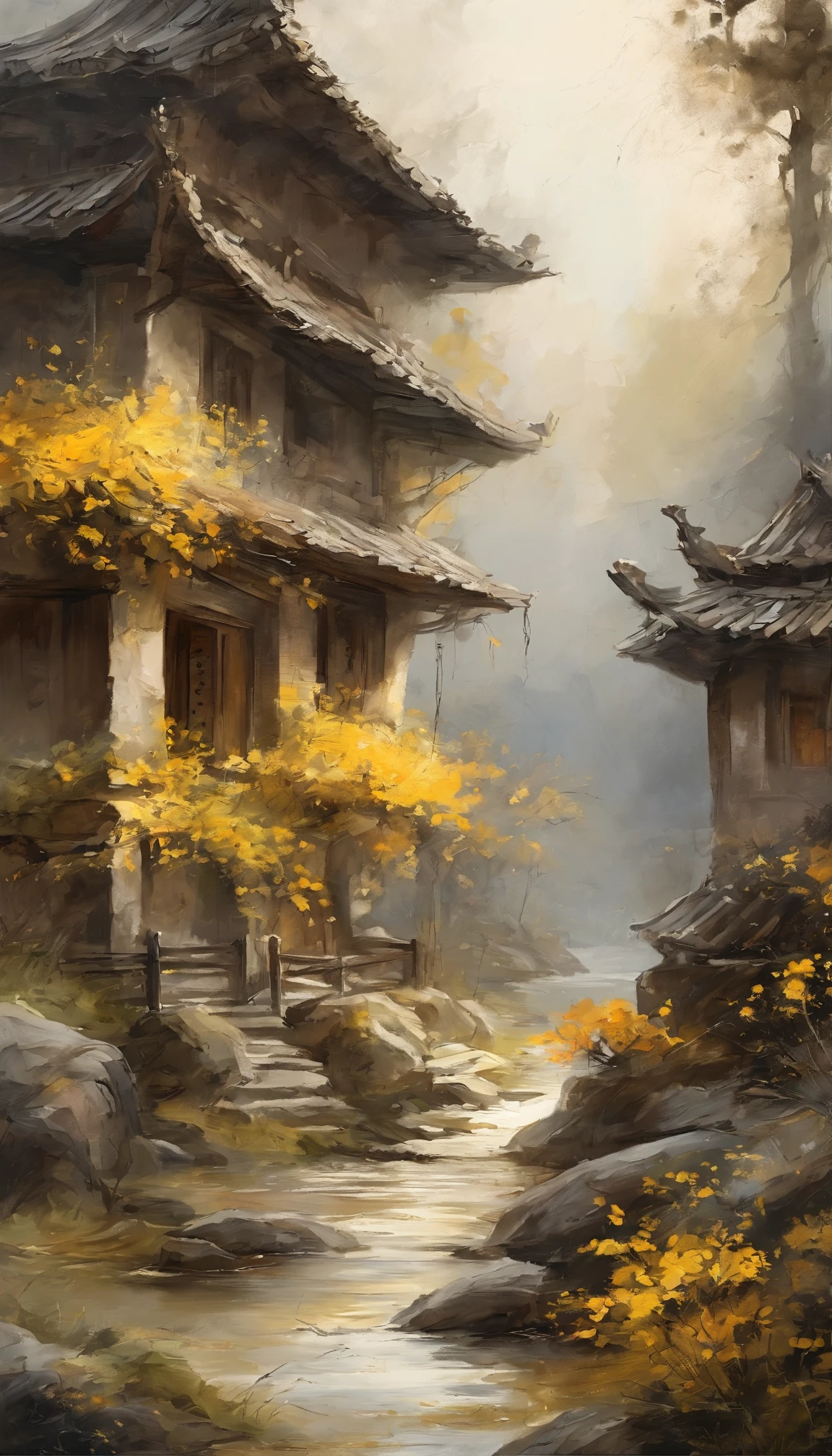 （Seek and find，cheerless，It's miserable。When it's warm and cold，The hardest thing to rest。Three glasses of two light wines，How to defeat him late and the wind is urgent！Goose pass also，Am sad，But it's an old acquaintance。 Yellow flowers pile up all over the ground，Haggard damage，Who is there to pick up today？Guard the window，How to be born black alone！Sycamore and drizzle，Until dusk，Bit by bit。This time the first，What a sad word！），（Chinese ink painting style），Ink painting style，Light and shadow are pastel，（Poetic landscape paintings），8k wallpaper，light and shadow effect，Tyndall，rendering by octane，White balance，Extremely detailed picture，depth of fields，tmasterpiece，realisticlying，RAY