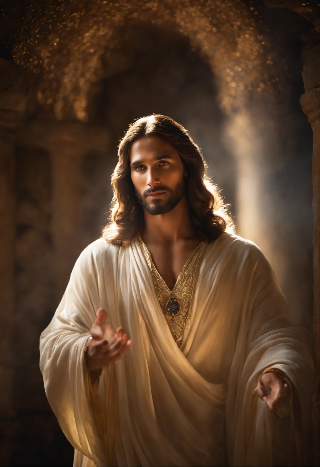 Descreva uma imagem de Jesus Cristo, emanating a divine aura and looking directly into the camera with a penetrating and compassionate gaze. The scene around him radiates a sense of serenity and transcendence, com cores suaves e uma atmosfera celestial. Highlight the details of the expression on your face, the sparkle in your eyes and the sense of peace and grace that your presence radiates in this sacred moment