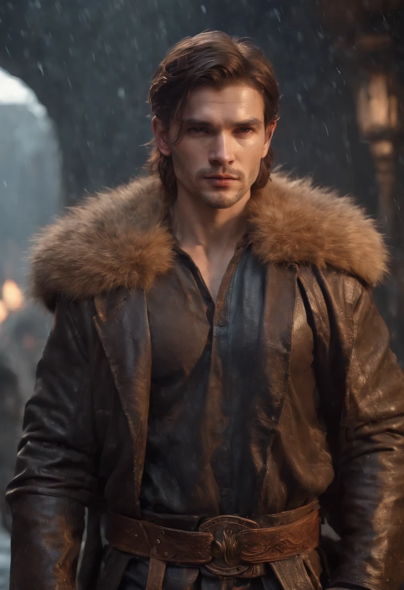 (professional 3d render:1.3) af (Realistic:1.3) most beautiful artwork photo in the world，Features soft and shiny male heroes, ((Epic hero fantasy muscle man rough wet hero angry look long hair short beard and ferocious expression in dynamic pose, Fantastic location, Majestic cluttered environment)), full body 8k unity render, action  shot, skin pore, very dark lighting, heavyshading, Detailed, Detailed face, (vibrant, photograph realistic, Realistic, Dramatic, Dark, Sharp focus, 8K), (Old leather garments damaged by weathering:1.4), ((((Wear fur)))), (Intricate:1.4), decadent, (Highly detailed:1.4), Digital painting, rendering by octane, art  stations, concept-art, smooth, Sharp focus, illustration, Art germ, (loish:0.23), wlop ilya kuvshinov, and greg rutkowski and alphonse mucha gracias, (Global illumination, Studio light, volumettic light), heavy rain, particles floating, lotr, fantasy, elf, full bodyesbian, ((Dark and ancient city background:1.3)),CGSesociety,art  stations