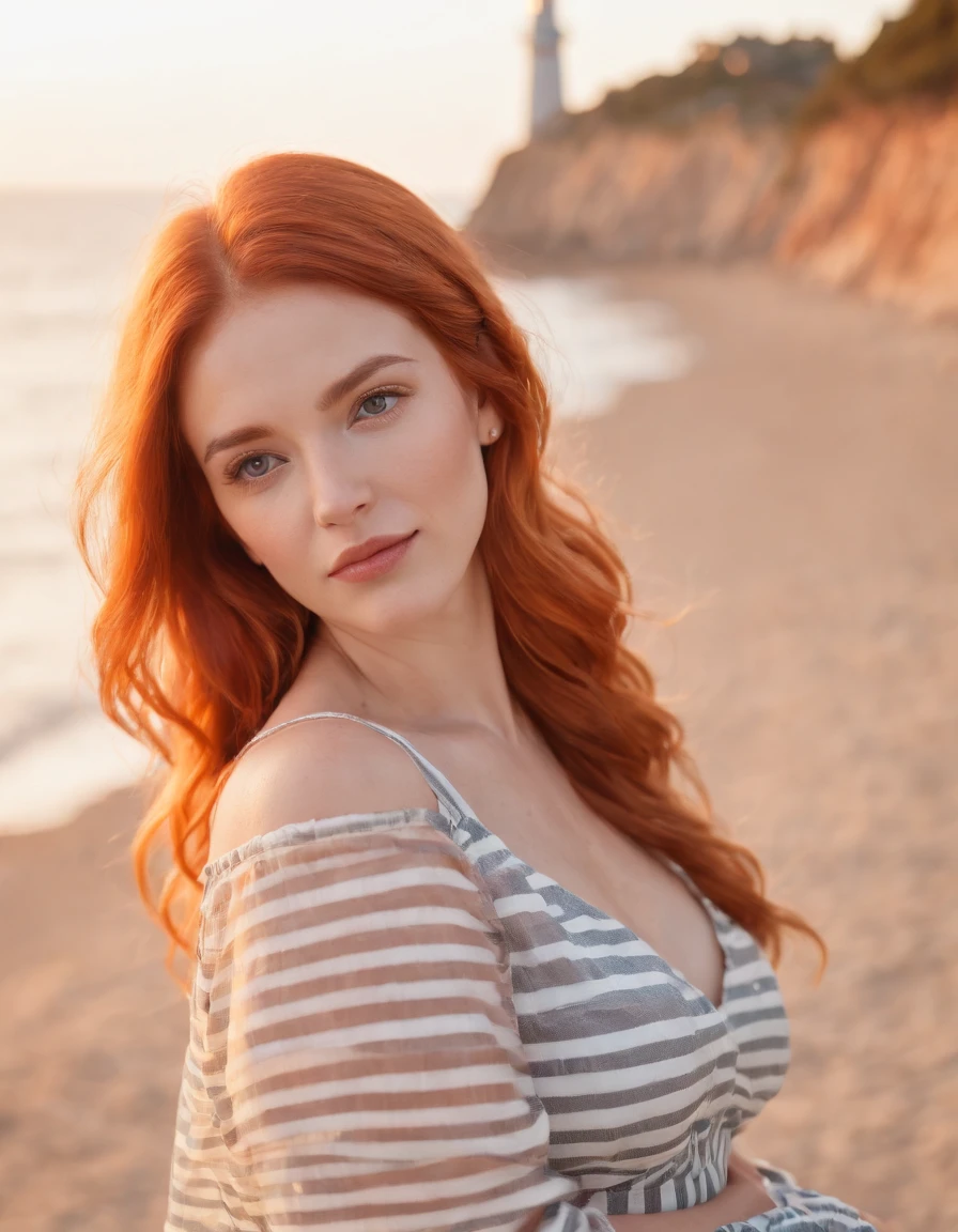 pregnant woman in  dress printed with  striped，Coastal beauty,(orange hair), (bright eyes, sun-kissed skin, carefree expression)，sandy beach background, lighthouse, gentle sea breeze,golden hour lighting, blurred background, rich colors, fine details, hyperrealistic, relaxed atmosphere. natural blurry