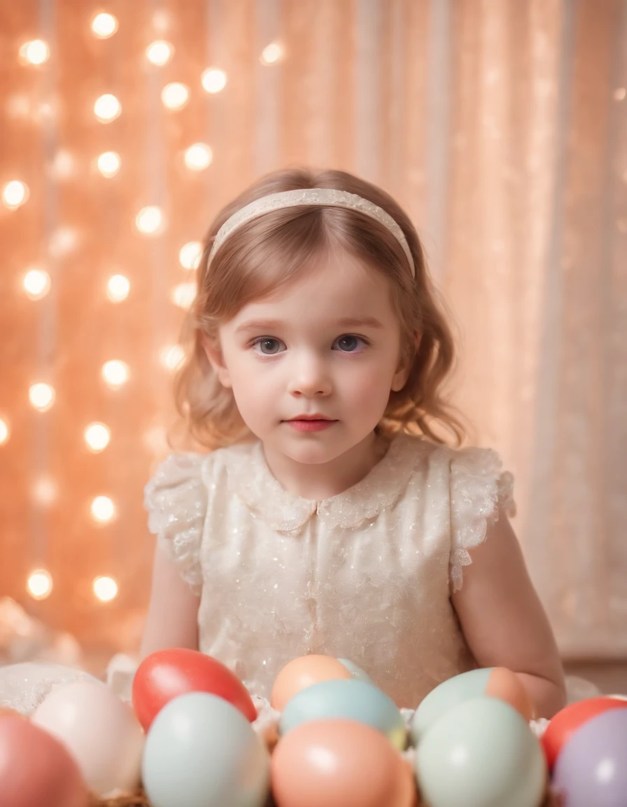  dressed in retro style, Easter photo with Easter eggs behind her, colored lights, lights in the background, bokeh style, semi-long shot, high quality photo, (close-up)