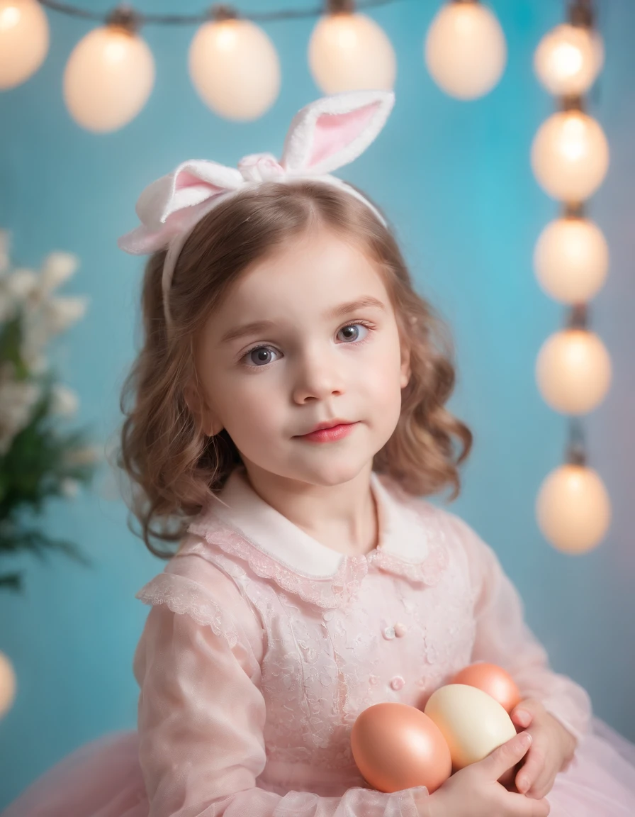  dressed in retro style, Easter photo with Easter eggs behind her, colored lights, lights in the background, bokeh style, semi-long shot, high quality photo, (close-up)