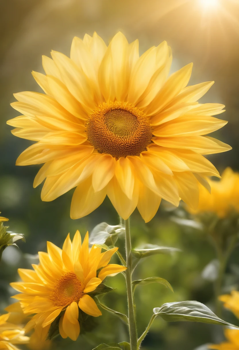 There is a graceful flower with graceful leaves and diamonds on the background, a glowing delicate flower, flowey, Sparkling petals, flowercore, surrounded flower, Crystalline sunflower, Drawing flowers, Yellow glowing magic, Luminous flowers, Beautiful flowers and crystals, Luminous flowers, huge flower, light bloom, full bloom, with bloom ether effect, a glowing flower