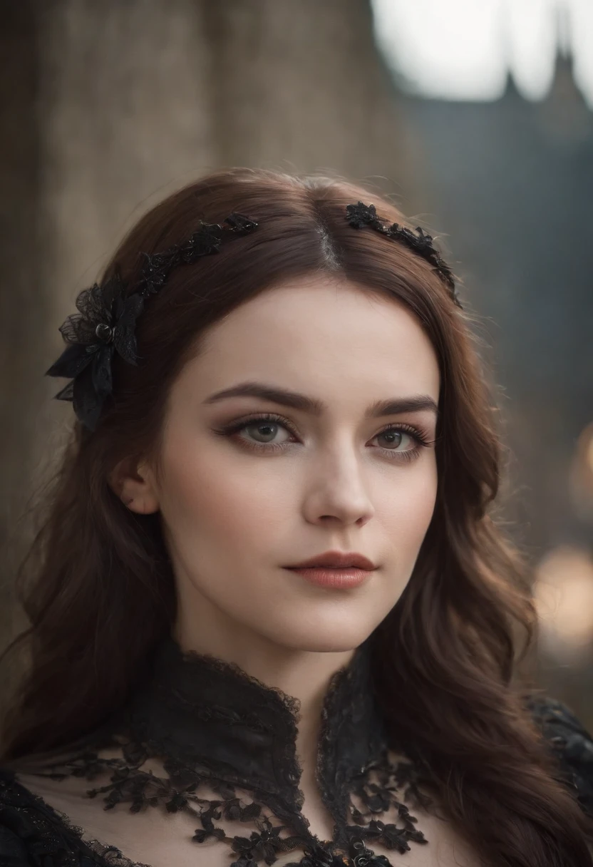 Gothic style,Cinematic portrait, ((upper body)), facing the audience, (Reality :1.3), the world's most beautiful artwork photo, a woman looking into the camera, Gothic costume, detailed beautiful face, action shot, (Intricate :1.4), simple background, global lighting, photorealistic, CG, Art Station