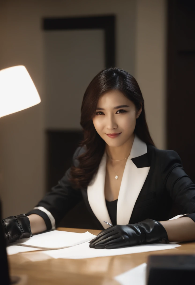 Wearing black leather gloves on both hands The upper part of the body Black Business Suit Towards the desk in the study in the dark、Look down and smile、Write a letter with a fountain pen long straight black hair Japan female new employee with young and very cute face (Black leather gloves cover both hands)