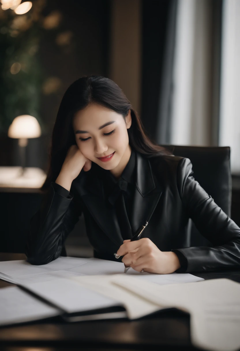 Wearing black leather gloves on both hands The upper part of the body Black Business Suit Towards the desk in the study in the dark、Look down and smile、Write a letter with a fountain pen long straight black hair Japan female new employee with young and very cute face (Black leather gloves cover both hands)
