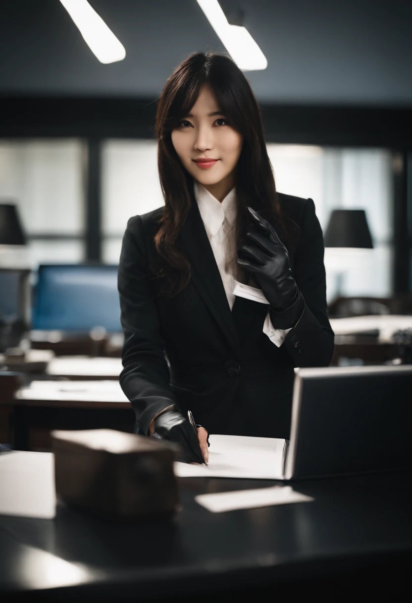 Wearing black leather gloves on both hands　The upper part of the body　Black Business Suit　Towards the desk in the study in the dark、Look down and smile、Write a letter with a fountain pen　long straight black hair　Japan female new employee with young and very cute face　(Black leather gloves cover both hands)