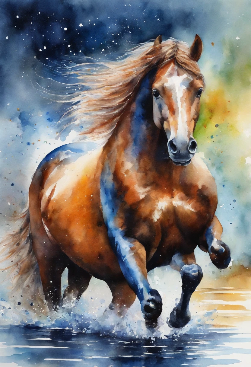 Painting of a horse running in the water with a splash of water - SeaArt AI