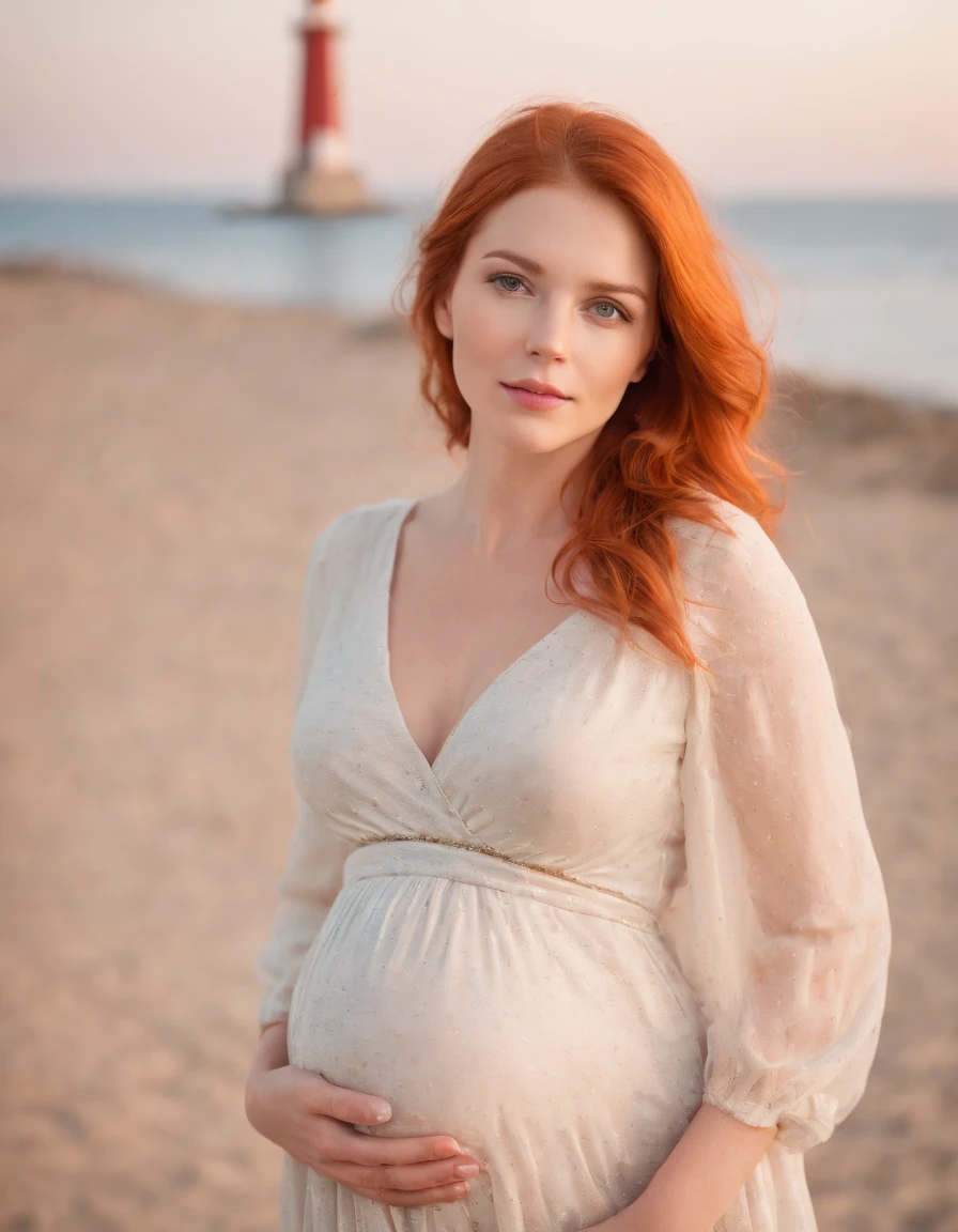 Cute pregnant woman on the beach,8K,Beautiful beach scenery,(orange hair)
