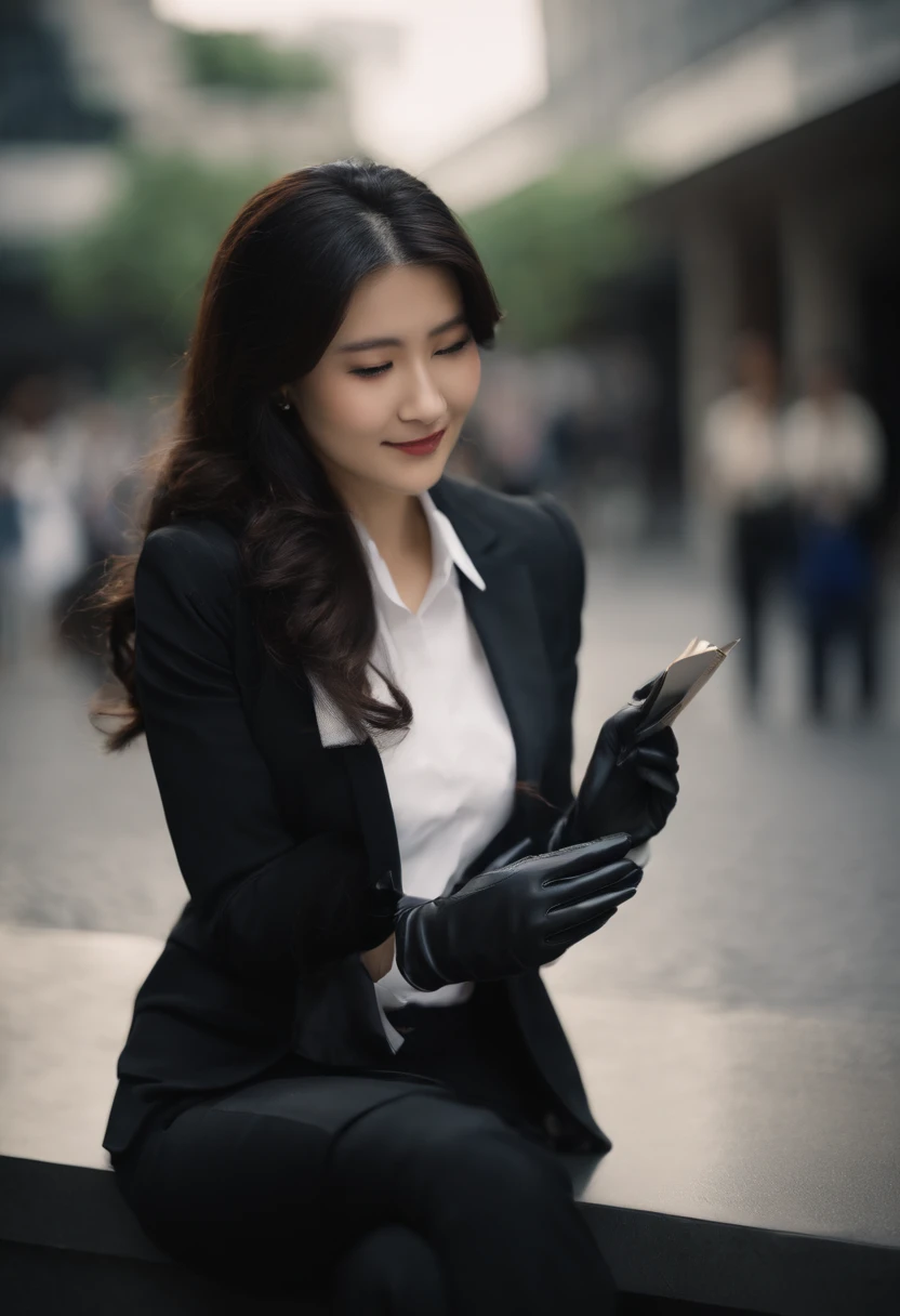 Wearing black leather gloves on both hands The upper part of the body Black Business Suit Towards the desk in the study in the dark、Look down and smile、Write a letter with a fountain pen long straight black hair Japan female new employee with young and very cute face (Black leather gloves cover both hands)