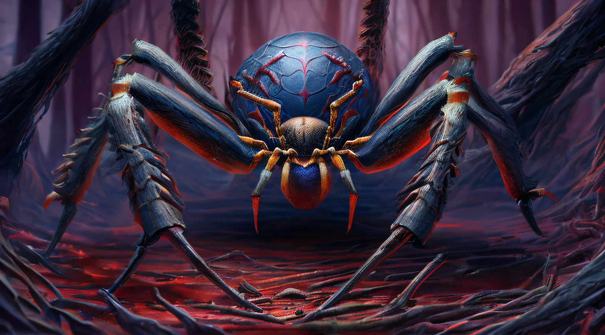 high details, best quality, 16k, RAW, [best detailed], masterpiece, best quality, (extremely detailed), full body, ultra wide shot, photorealistic, fantasy art, RPG art, a picture of an epic sized spider, red skin, hair, big black eyes, runes on spider's body GlowingRunes_purple a dark fantasy forest background, High Detail, Ultra High Quality, High Resolution, 16K Resolution, Ultra HD Pictures, Ultra Realistic, Clear Details, Realistic Detail, Ultra High Definition
