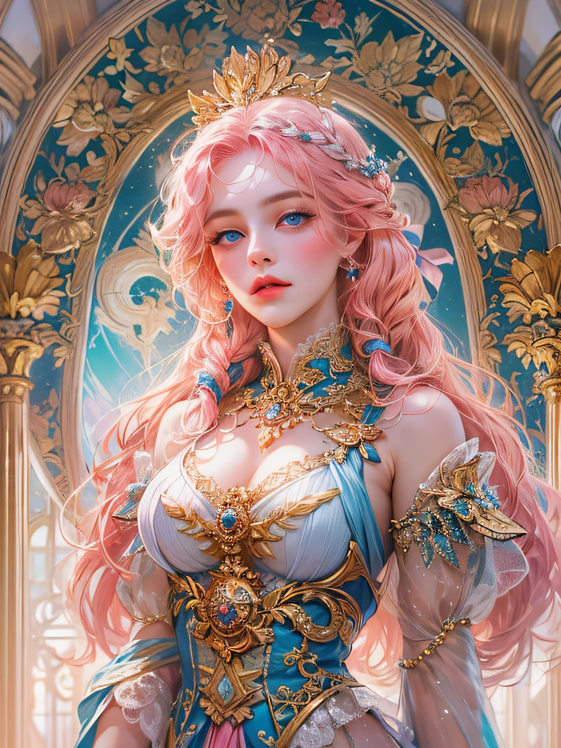 (absurdres, highres, ultra detailed, HDR), masterpiece, best quality, a mature heroine, detailed face, beautiful face with decorative detailed (single braided pink hair) (blue eyes), orange details , white touch and pink little outline,with pink magic mirror inside celestial palace, detailed character, detailed celestial place of goddess, laplace, detailed backdrop