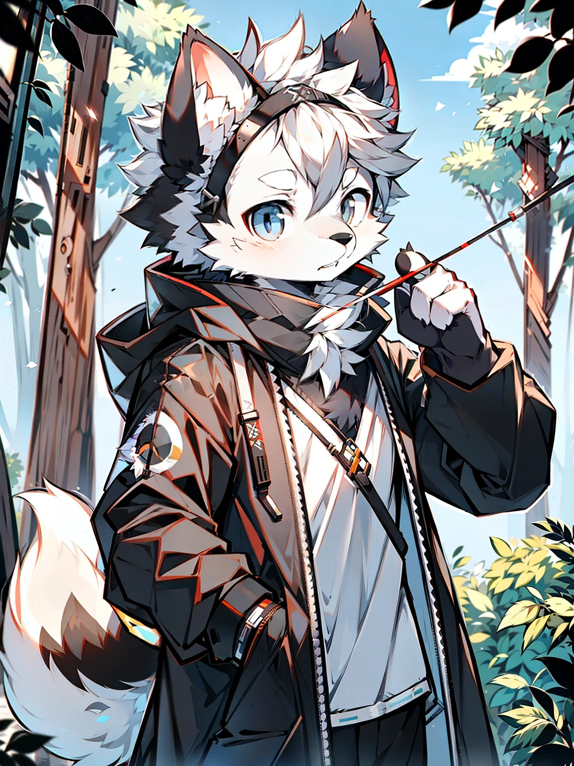 ln the forest,and the sun was shining brightly,solo person,pandas,Single horsetail,Hairy hair,Gray hair,Black and white hair,Black colored eyes,raincoat,White coat,Compound bow