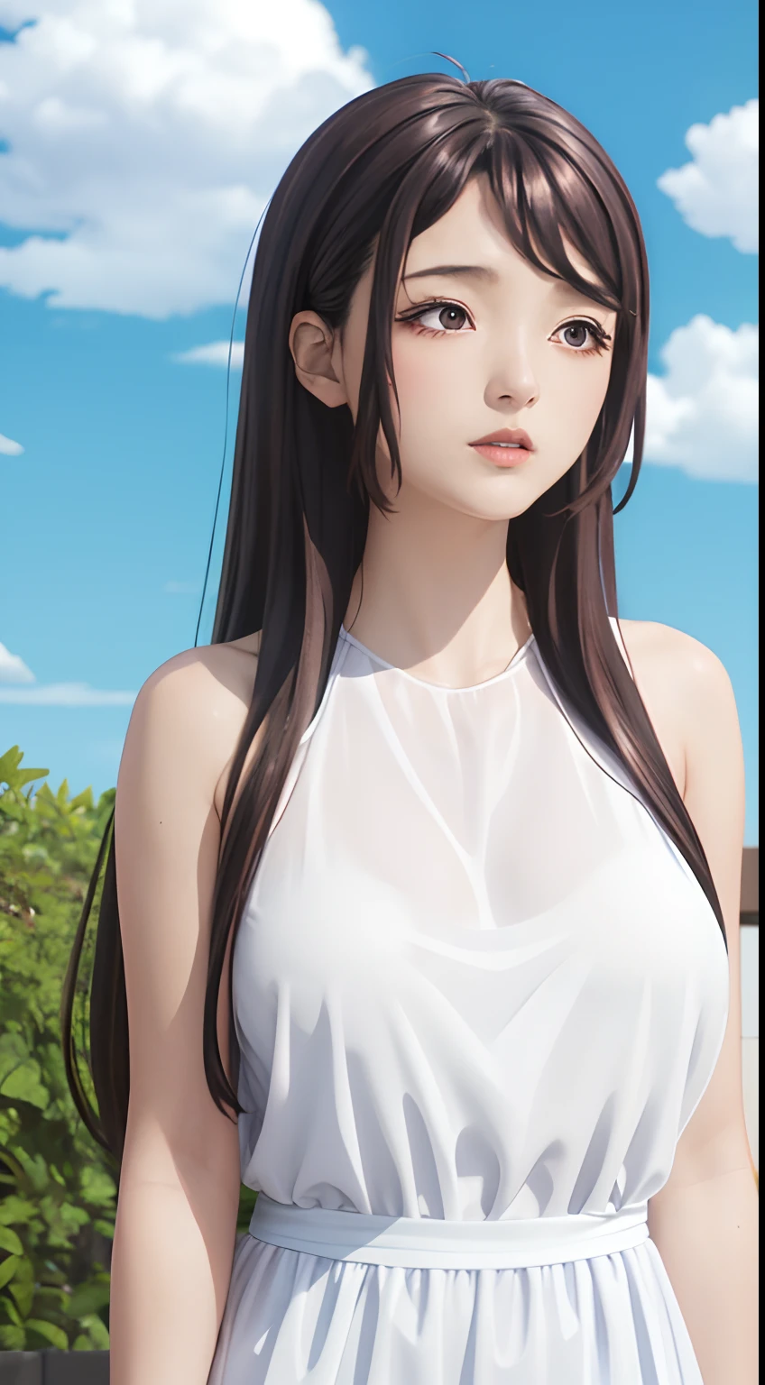 Kaori brown long, brown hair, beautiful face, blue sky background, (masterpiece:1.2), best quality,4k, casual dress, bare shoulder,bare belly,huge breast,extremely detailed wallpaper, perfect lighting, sunlight,